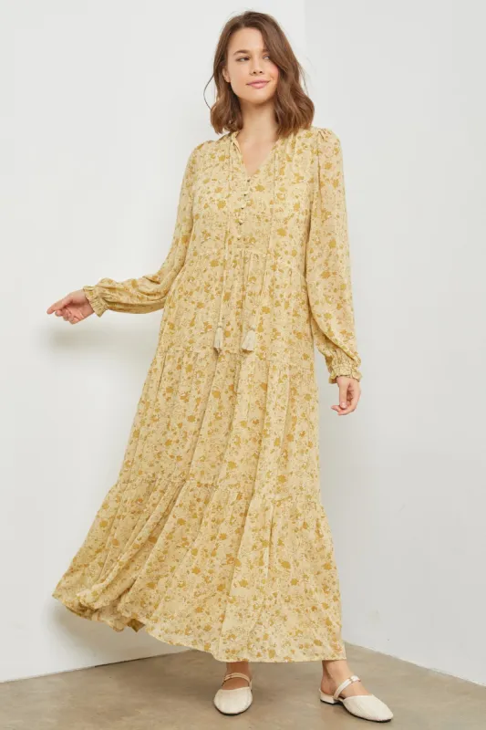 Yellow  Floral Chiffon Front Tie Tiered Maxi Dress sold by Pinkblush