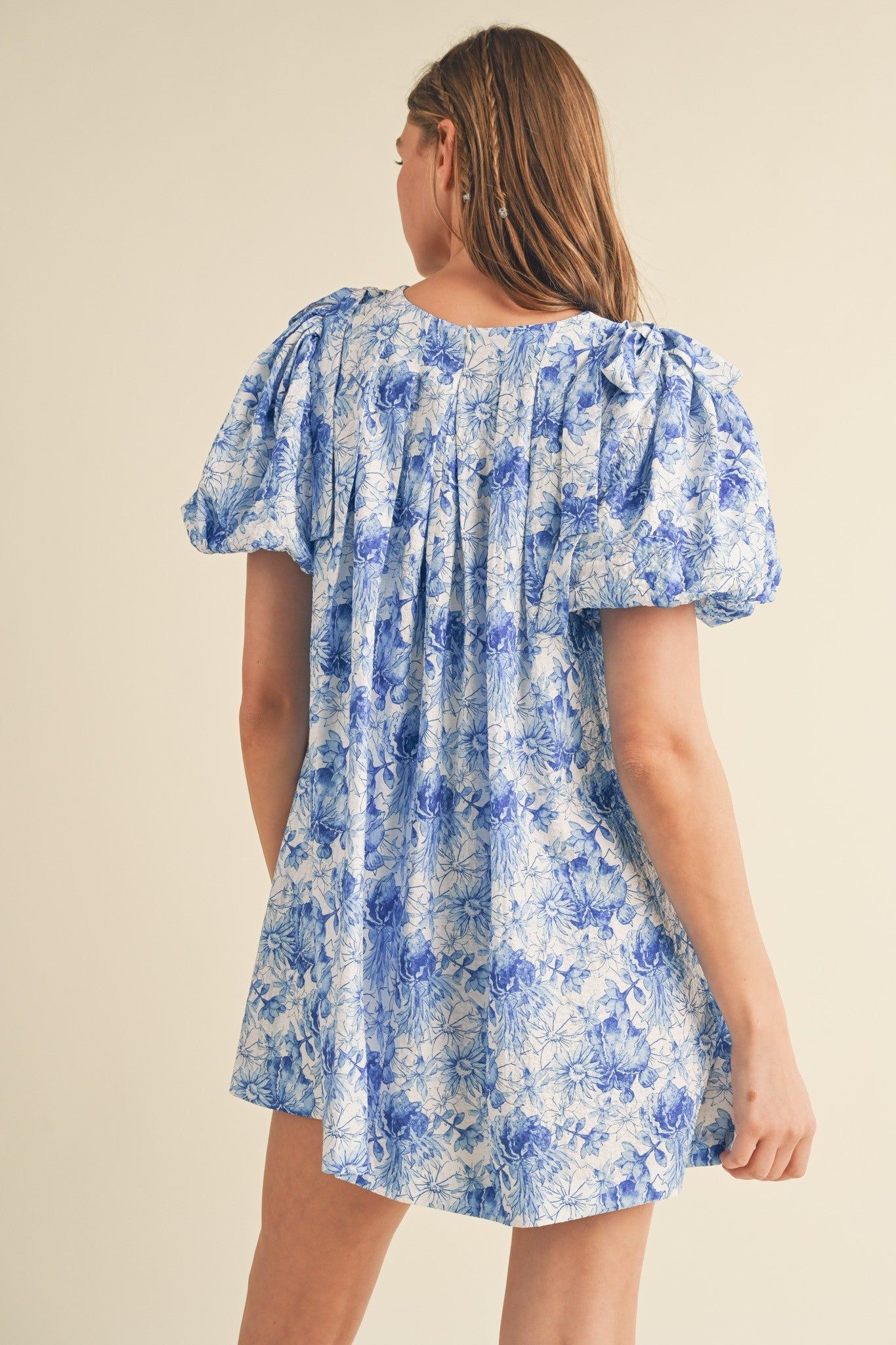 Blue Floral Puff Sleeve Shoulder Tie Babydoll Dress sold by Pinkblush product image thumbnail 3