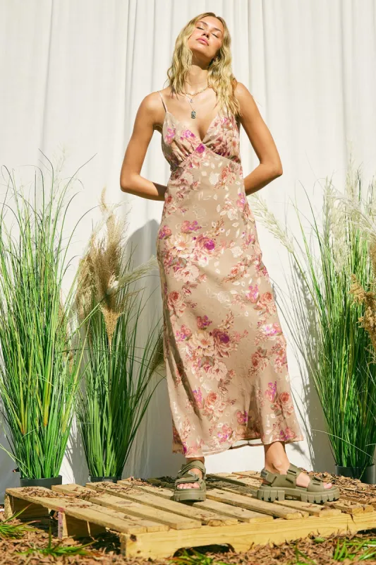 Tan Floral Chiffon Maxi Dress sold by Pinkblush