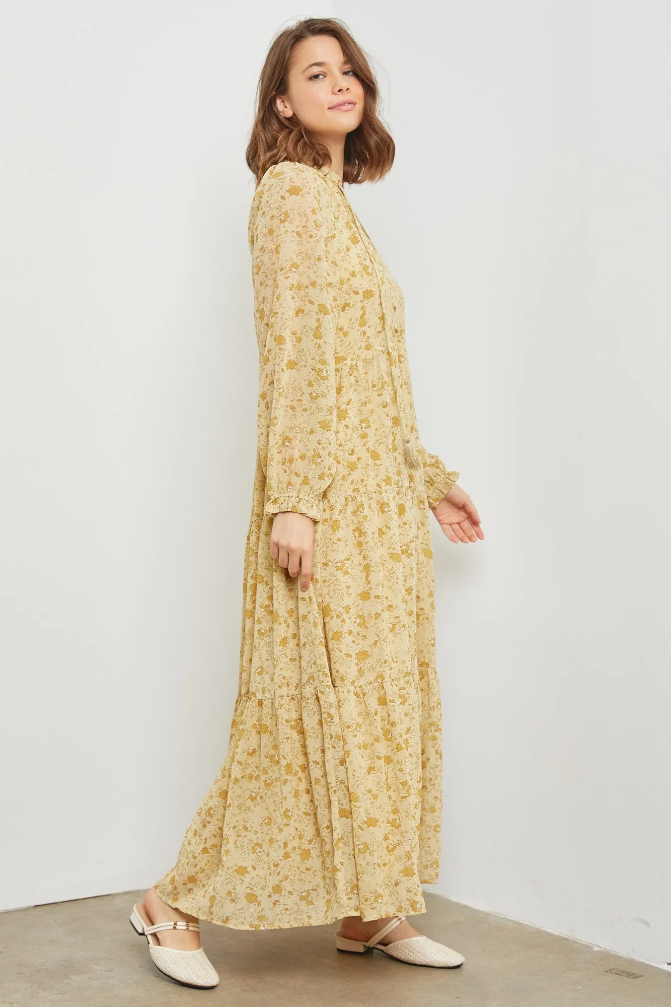 Yellow Floral Chiffon Front Tie Tiered Maxi Dress sold by Pinkblush product image thumbnail 2