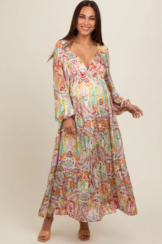 Multi-Color Floral Metallic Striped Tiered Long Puff Sleeve Maternity Maxi Dress sold by Pinkblush