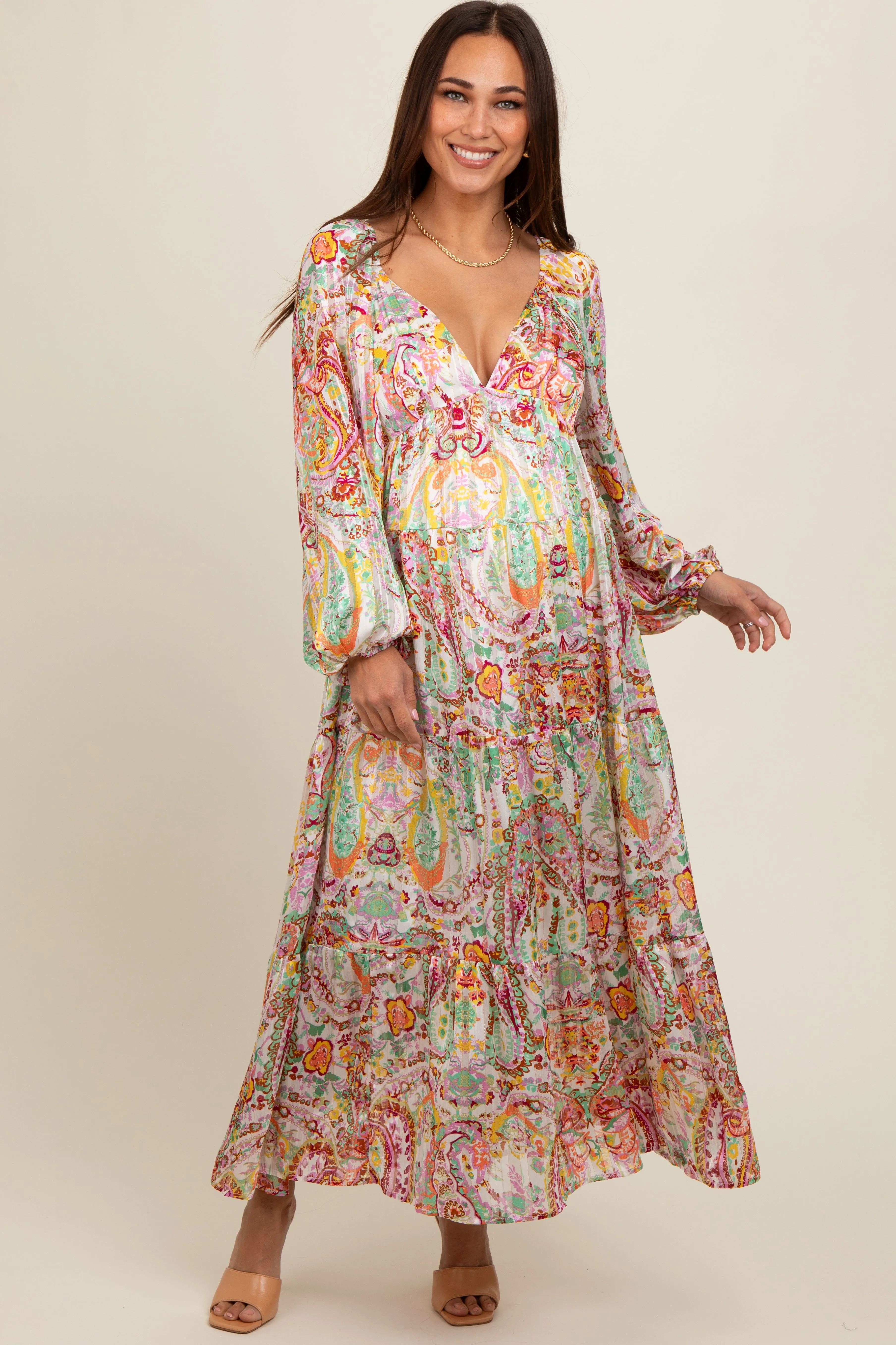 Multi-Color Floral Metallic Striped Tiered Long Puff Sleeve Maternity Maxi Dress sold by Pinkblush