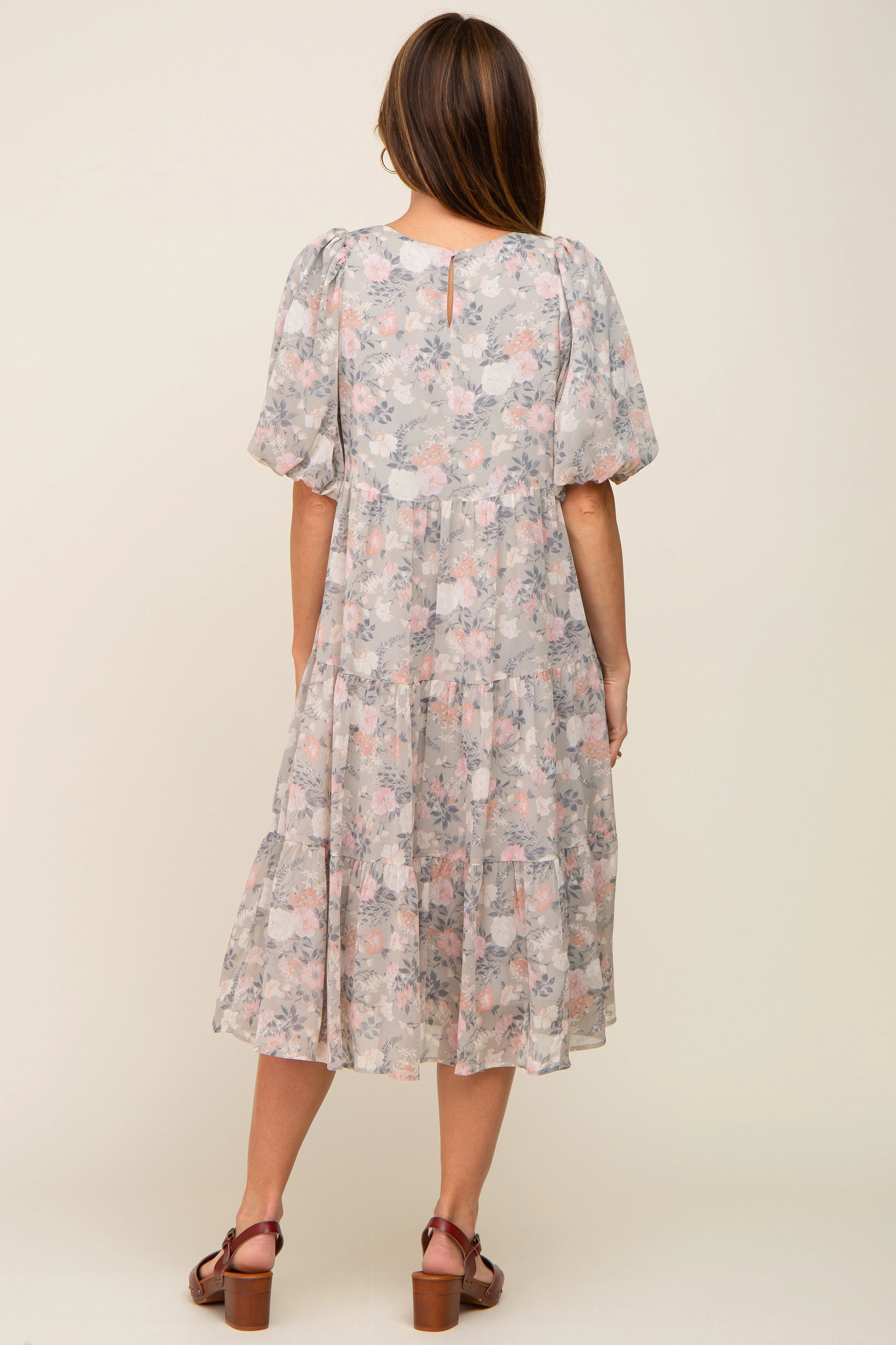 Light Olive Floral Chiffon Puff Short Sleeve Tiered Midi Dress sold by Pinkblush product image thumbnail 3