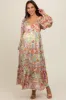 Multi-Color Floral Metallic Striped Tiered Long Puff Sleeve Maternity Maxi Dress sold by Pinkblush
