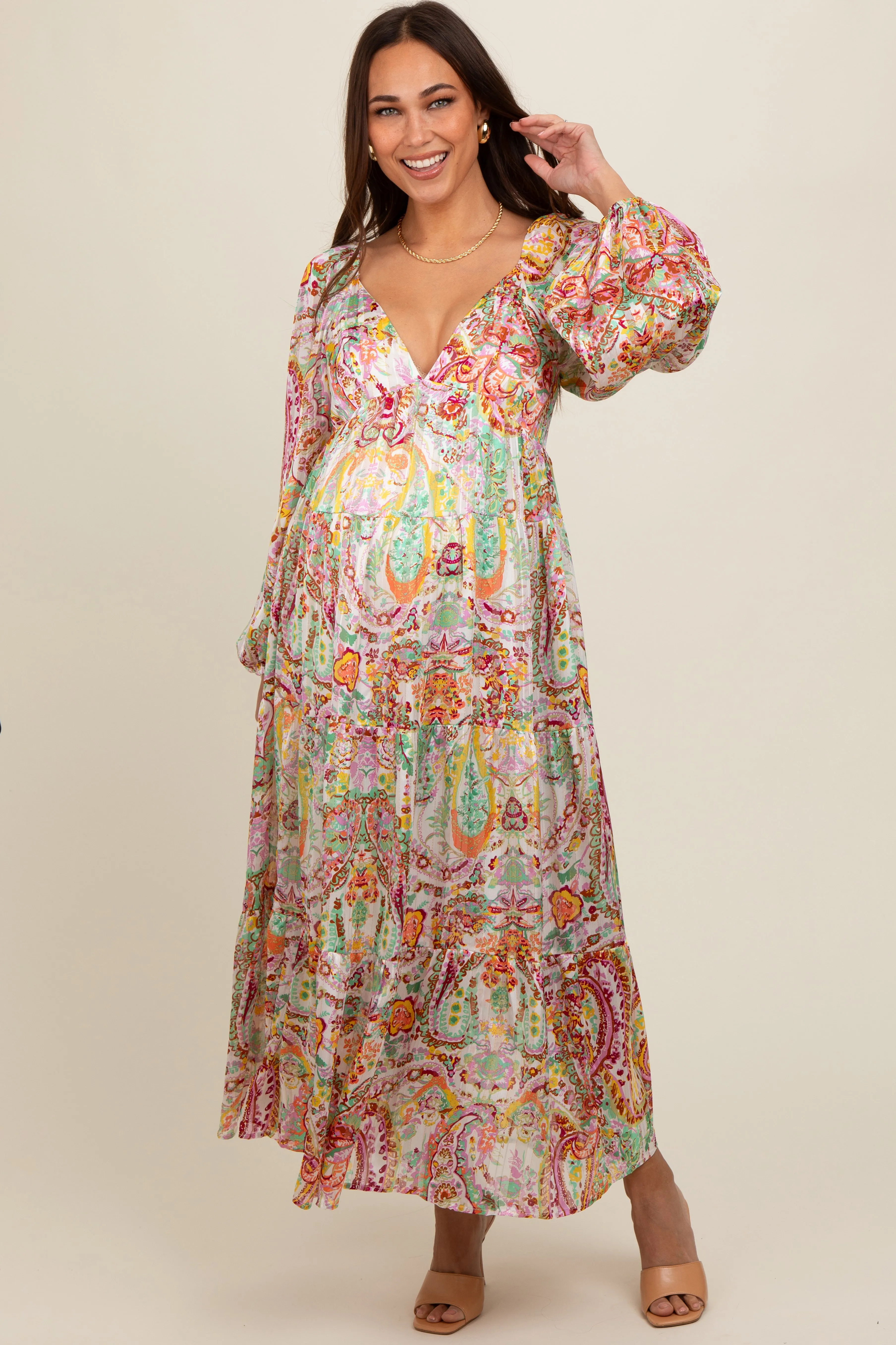 Multi-Color Floral Metallic Striped Tiered Long Puff Sleeve Maternity Maxi Dress sold by Pinkblush product image thumbnail 2