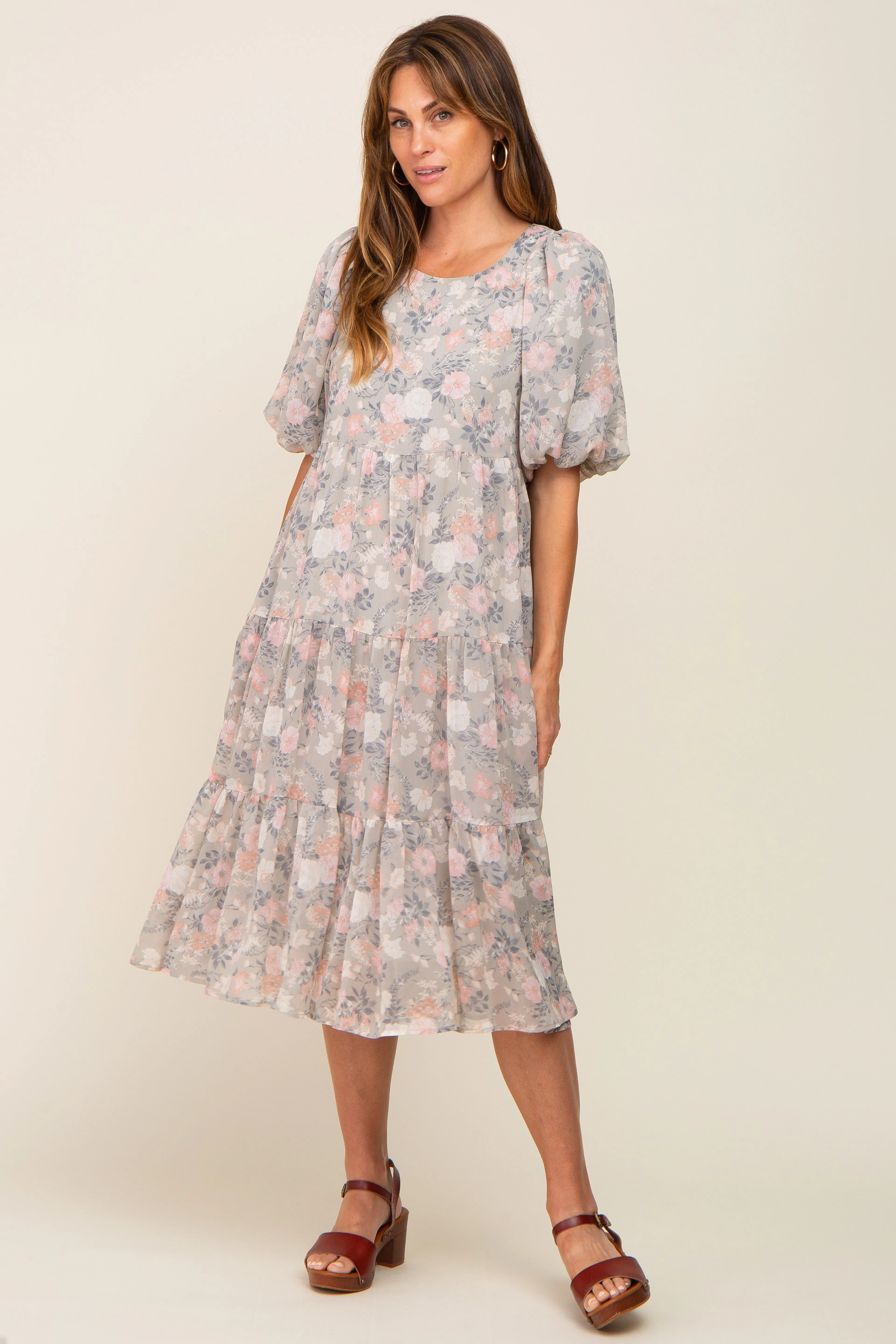 Light Olive Floral Chiffon Puff Short Sleeve Tiered Midi Dress sold by Pinkblush product image thumbnail 4