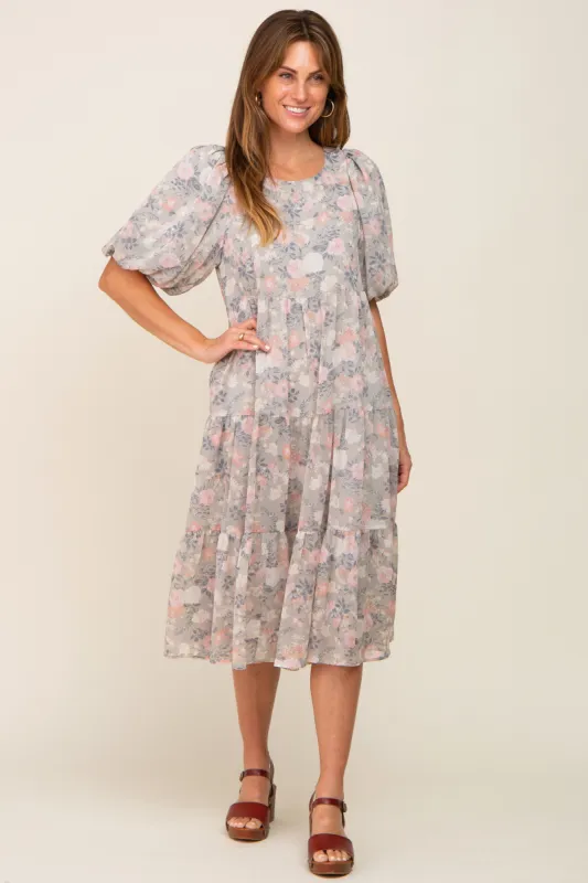 Light Olive Floral Chiffon Puff Short Sleeve Tiered Midi Dress sold by Pinkblush