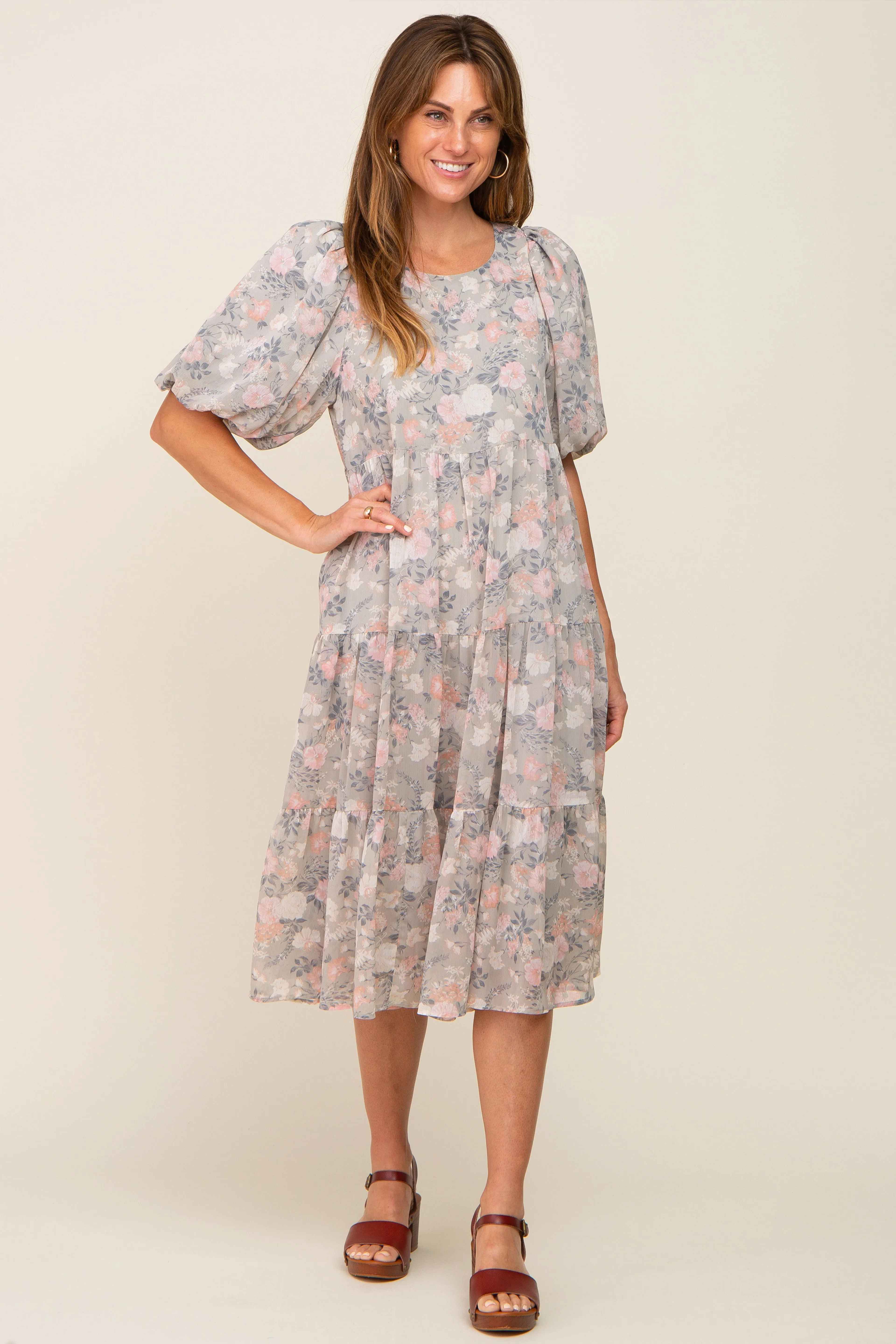 Light Olive Floral Chiffon Puff Short Sleeve Tiered Midi Dress sold by Pinkblush
