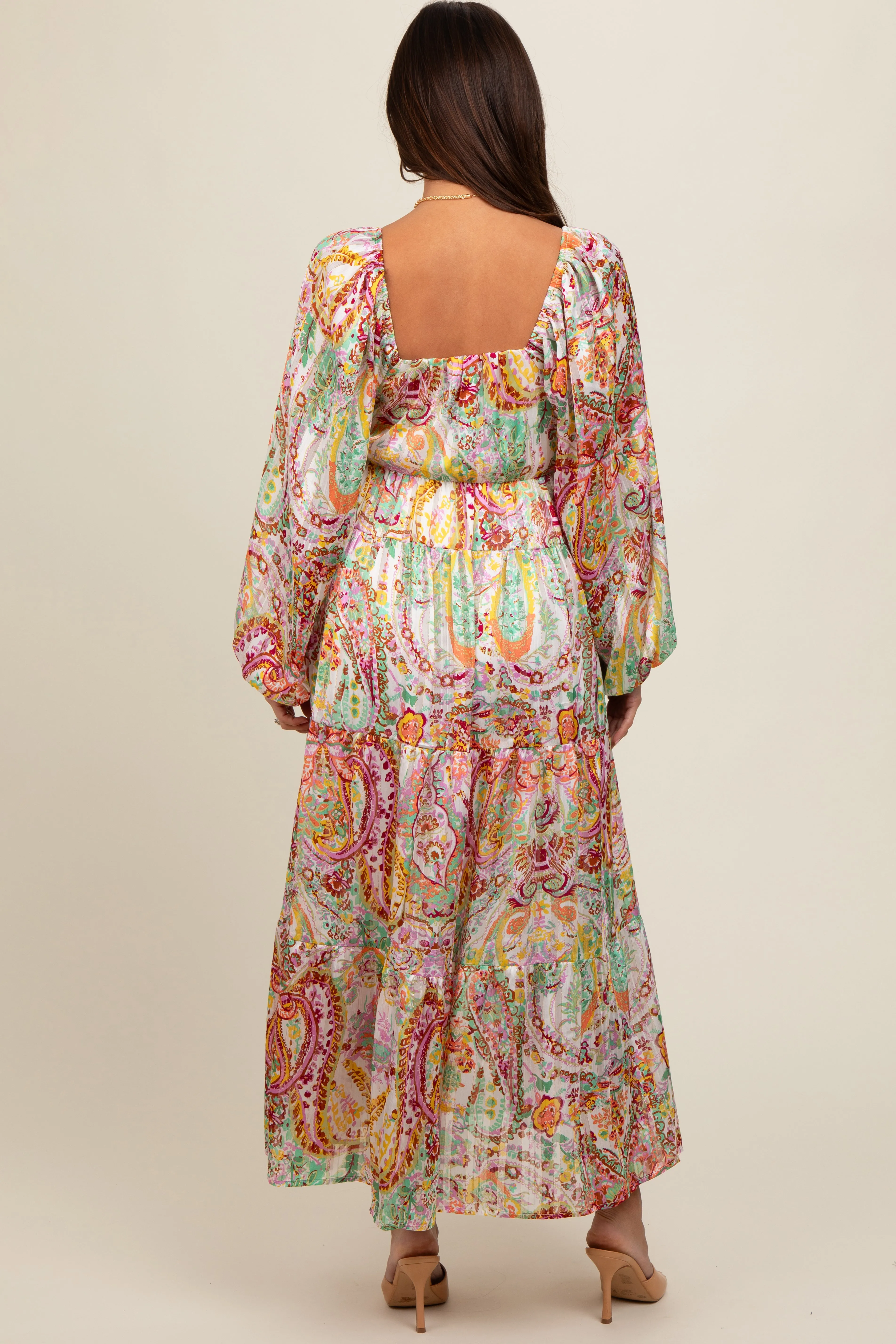 Multi-Color Floral Metallic Striped Tiered Long Puff Sleeve Maternity Maxi Dress sold by Pinkblush product image thumbnail 3