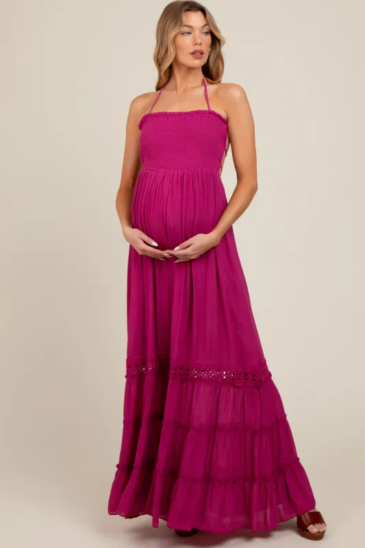 Purple Smocked Open Back Maternity Maxi Dress sold by Pinkblush