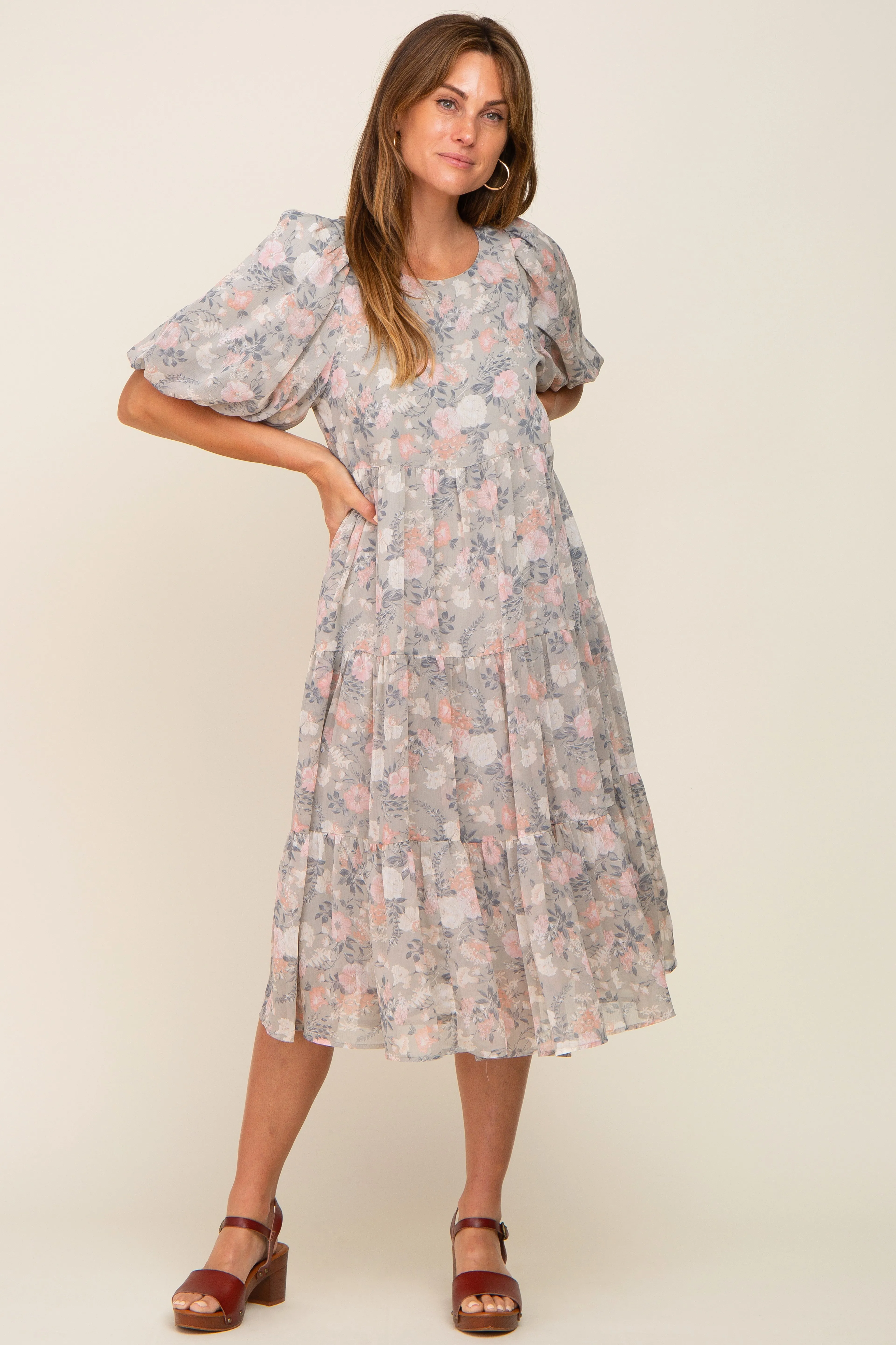 Light Olive Floral Chiffon Puff Short Sleeve Tiered Midi Dress sold by Pinkblush product image thumbnail 5