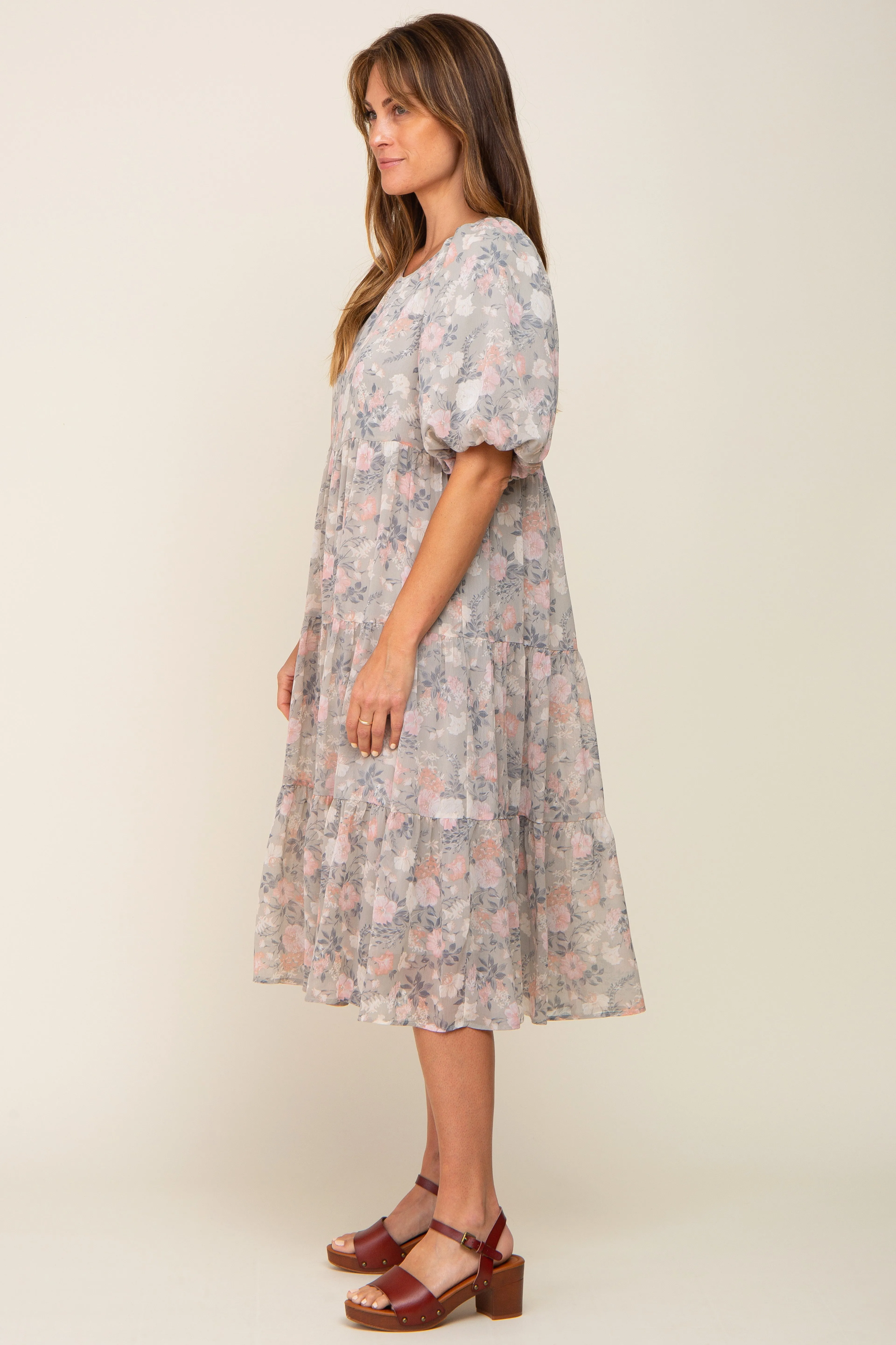Light Olive Floral Chiffon Puff Short Sleeve Tiered Midi Dress sold by Pinkblush product image thumbnail 2