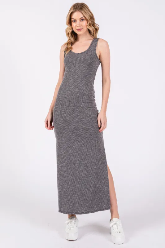 Charcoal Ribbed Sleeveless Side Slit Midi Dress sold by Pinkblush