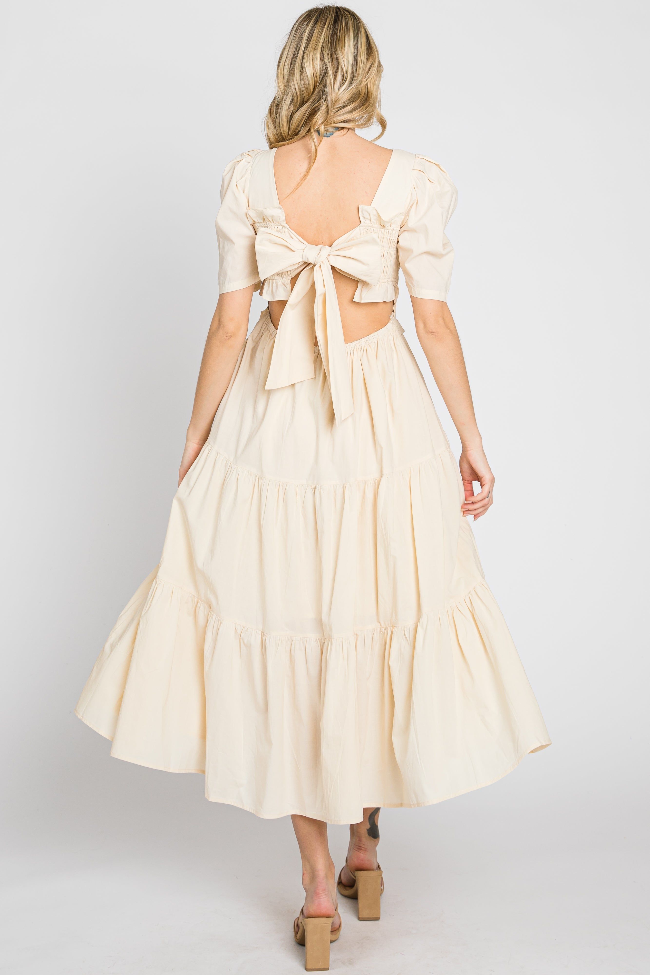 Beige Smocked Tiered Ruffle Midi Dress sold by Pinkblush product image thumbnail 4