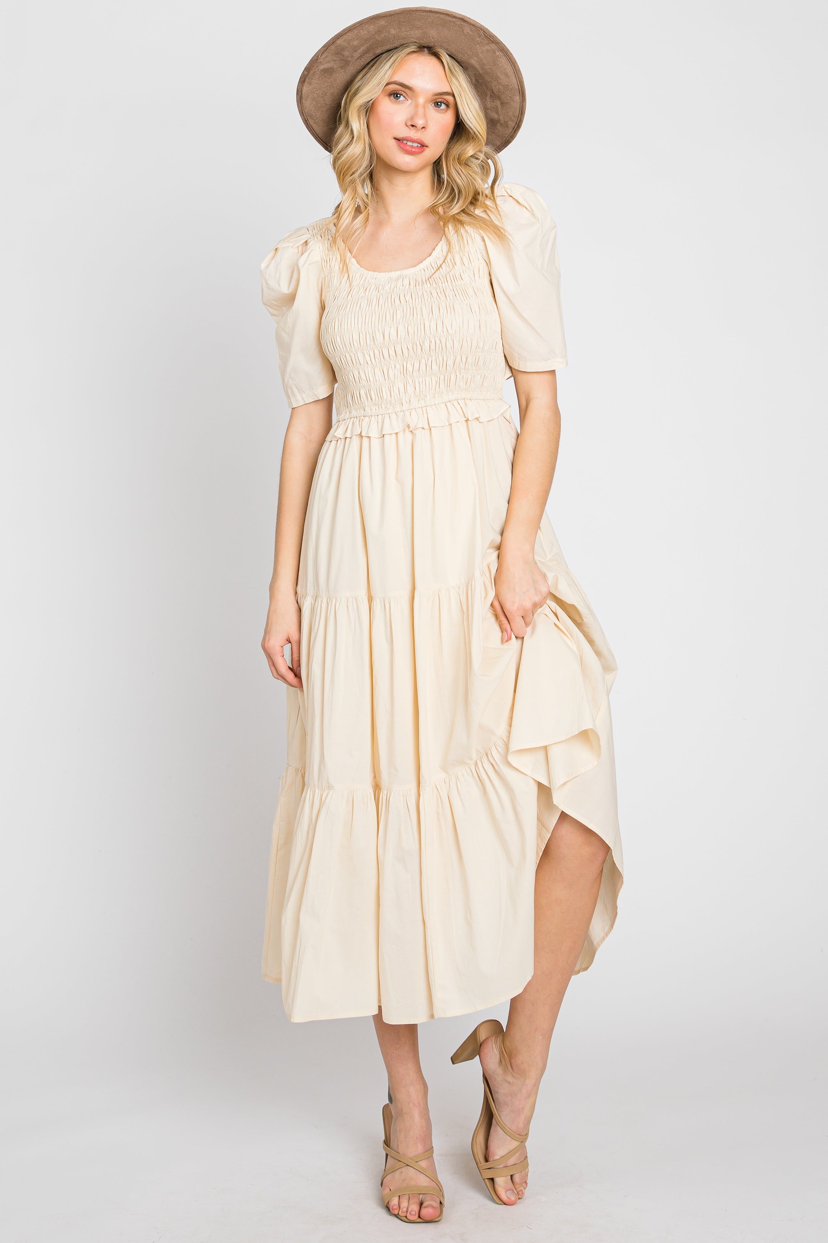 Beige Smocked Tiered Ruffle Midi Dress sold by Pinkblush