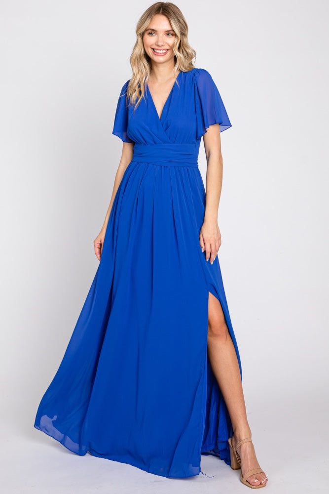 Royal Blue Chiffon Short Sleeve Wrap V-Neck Front Slit Maternity Maxi Dress sold by Pinkblush product image thumbnail 5