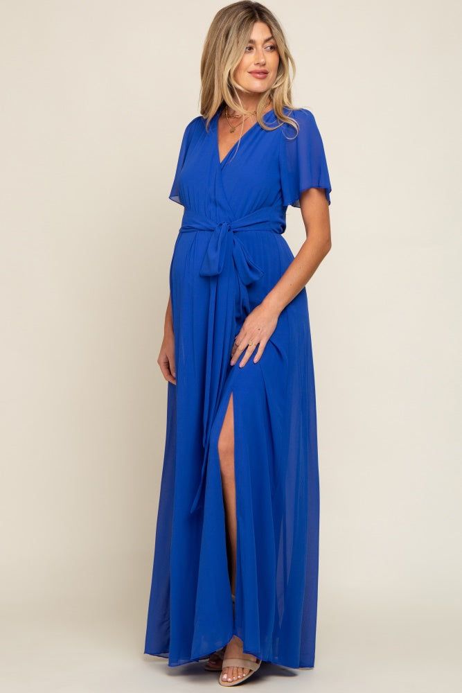 Royal Blue Chiffon Short Sleeve Wrap V-Neck Front Slit Maternity Maxi Dress sold by Pinkblush product image thumbnail 2