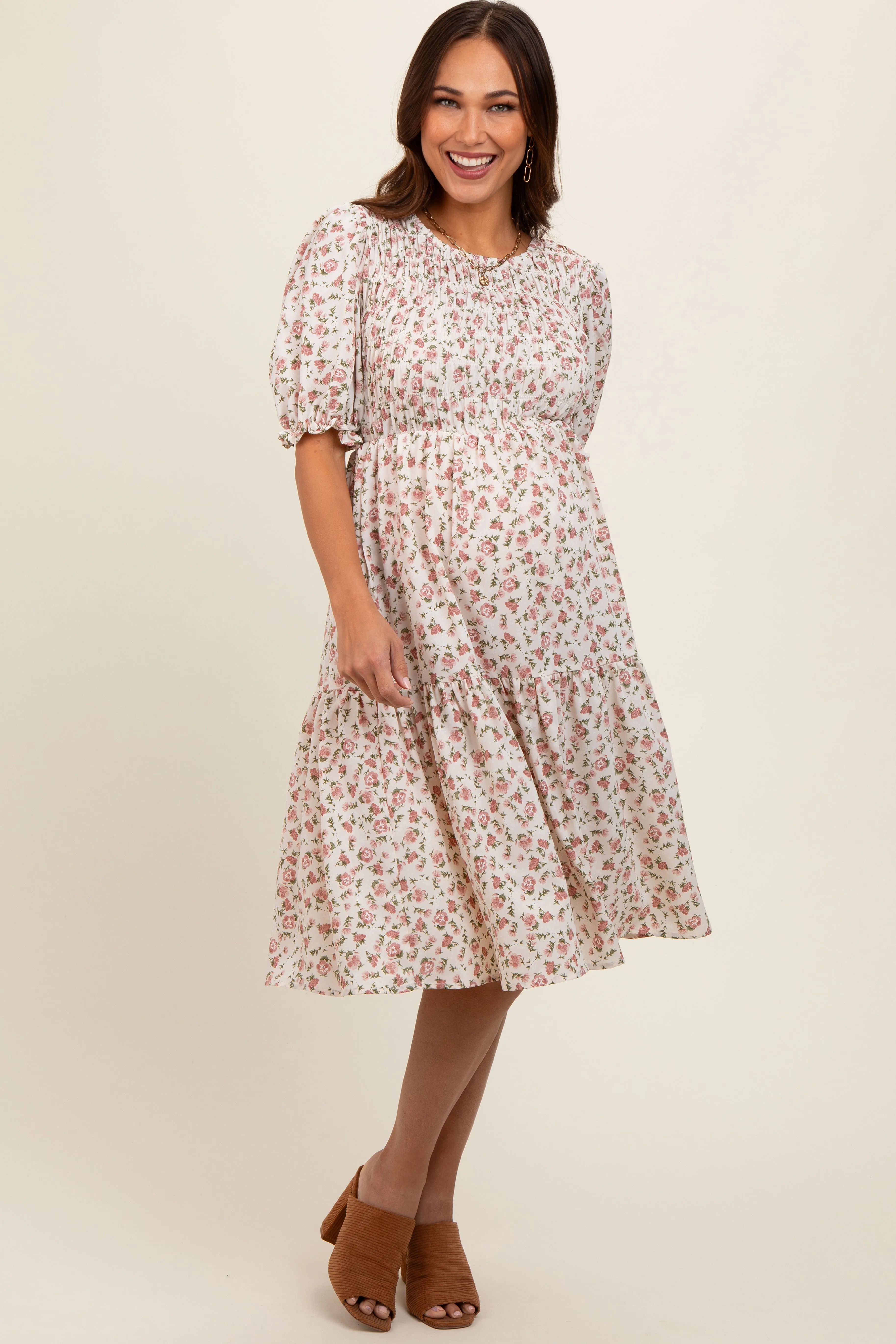 Cream Floral Smocked Maternity Midi Dress sold by Pinkblush product image thumbnail 2