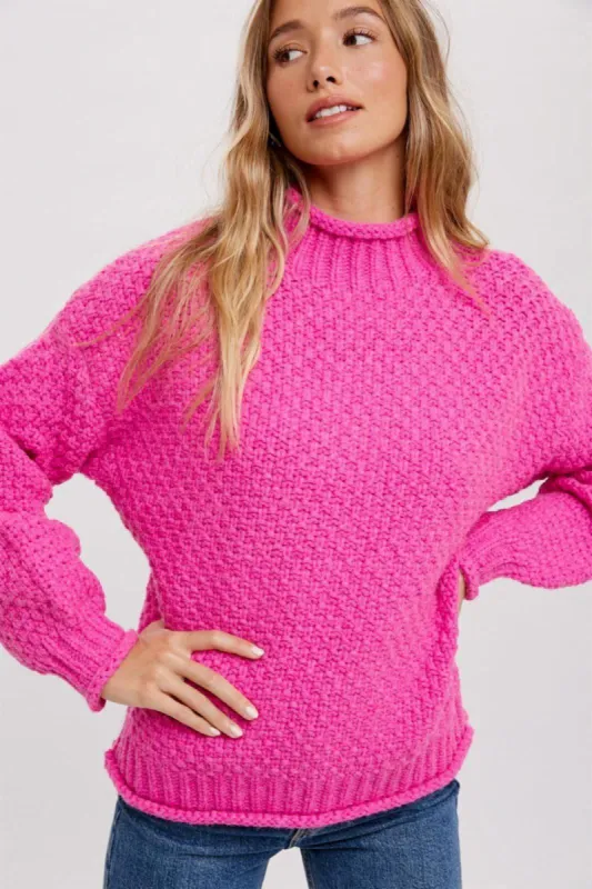Fuchsia Chunky Knit Mock Neck Sweater sold by Pinkblush