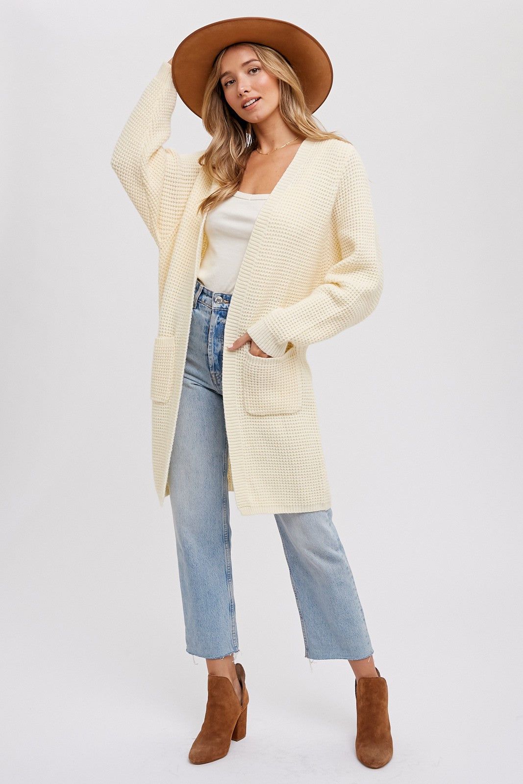 Cream Chunky Waffle Knit Cardigan sold by Pinkblush