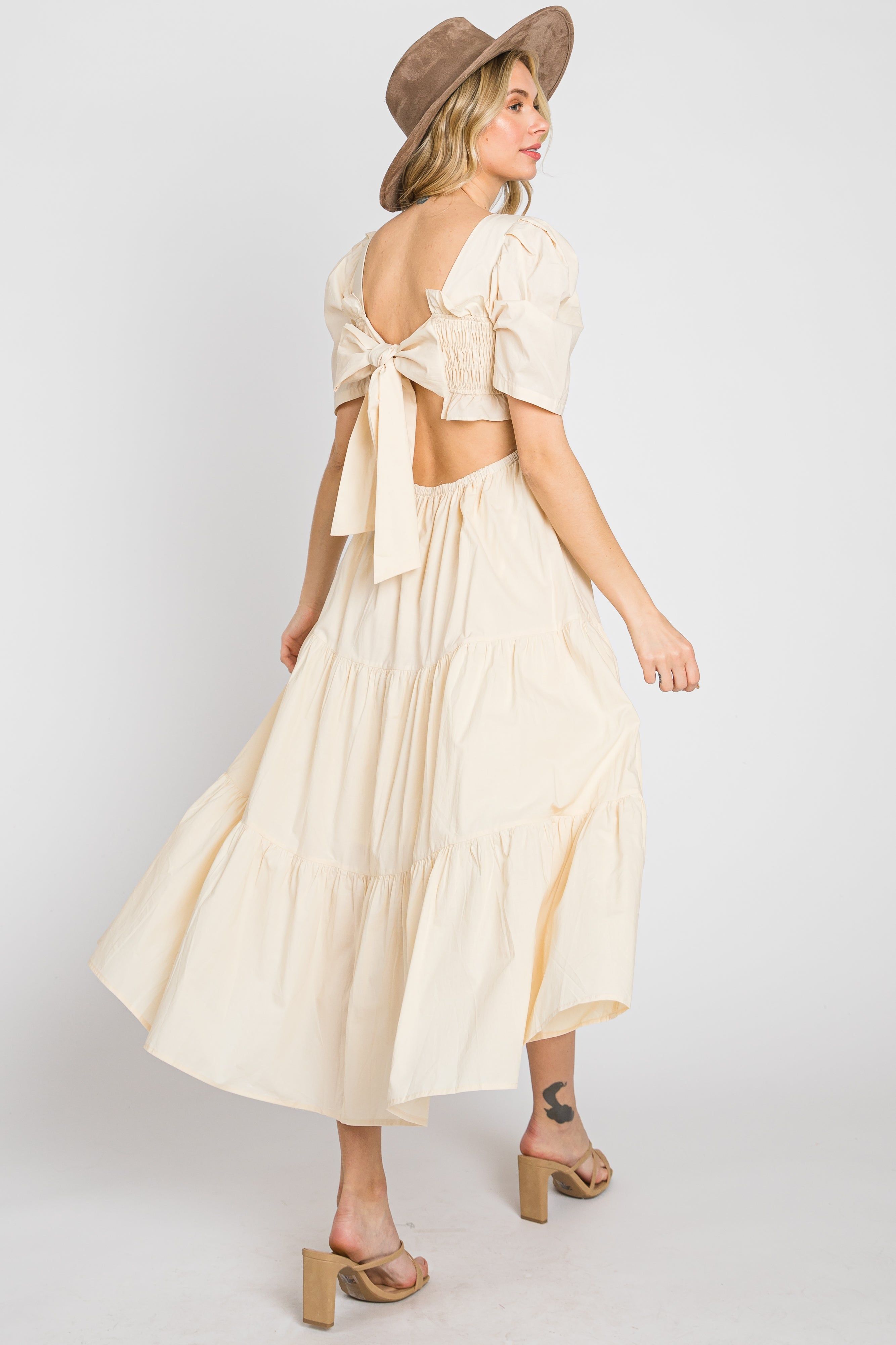 Beige Smocked Tiered Ruffle Midi Dress sold by Pinkblush product image thumbnail 2