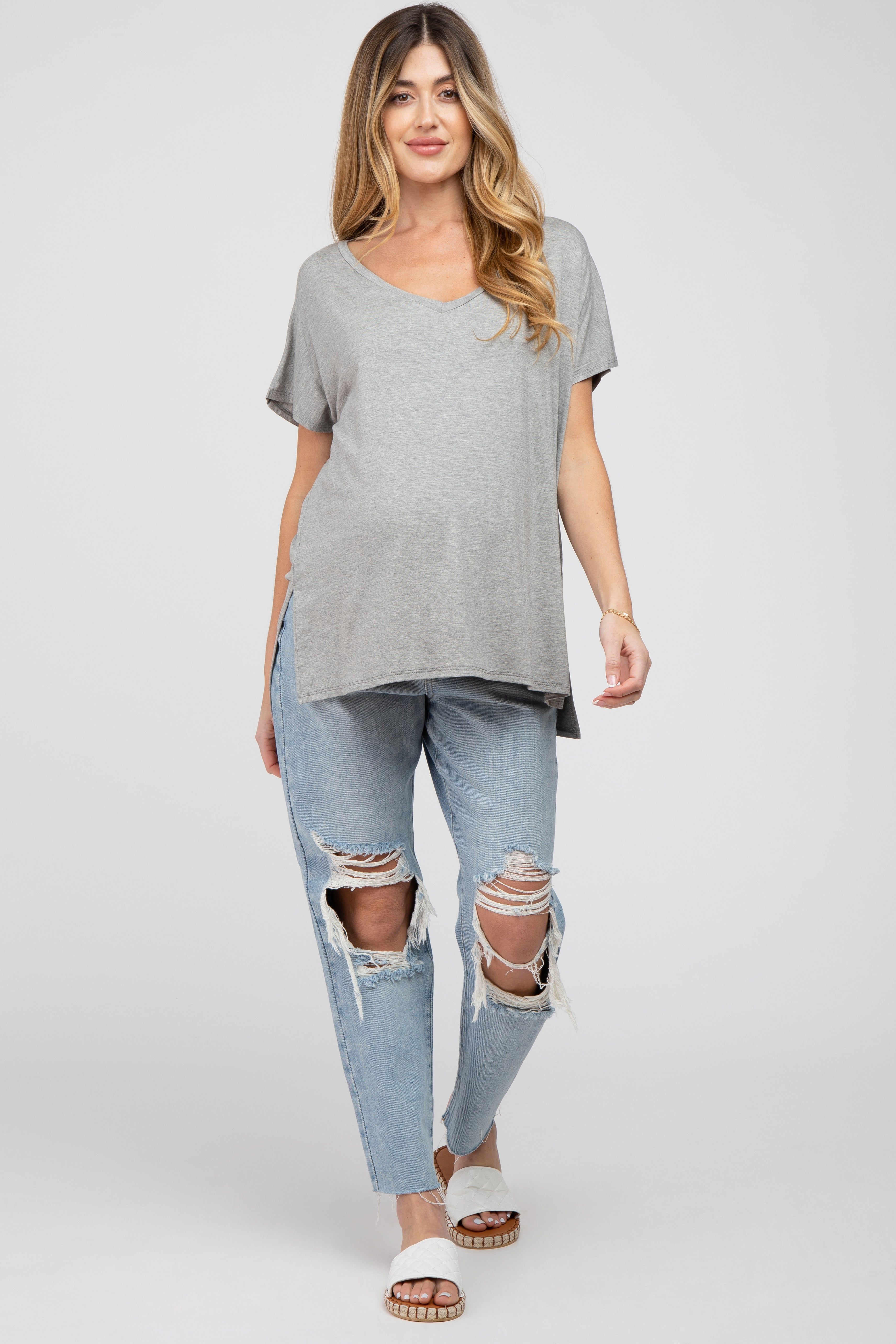 Heather Grey V-Neck Oversized Maternity Short Sleeve Top sold by Pinkblush product image thumbnail 4