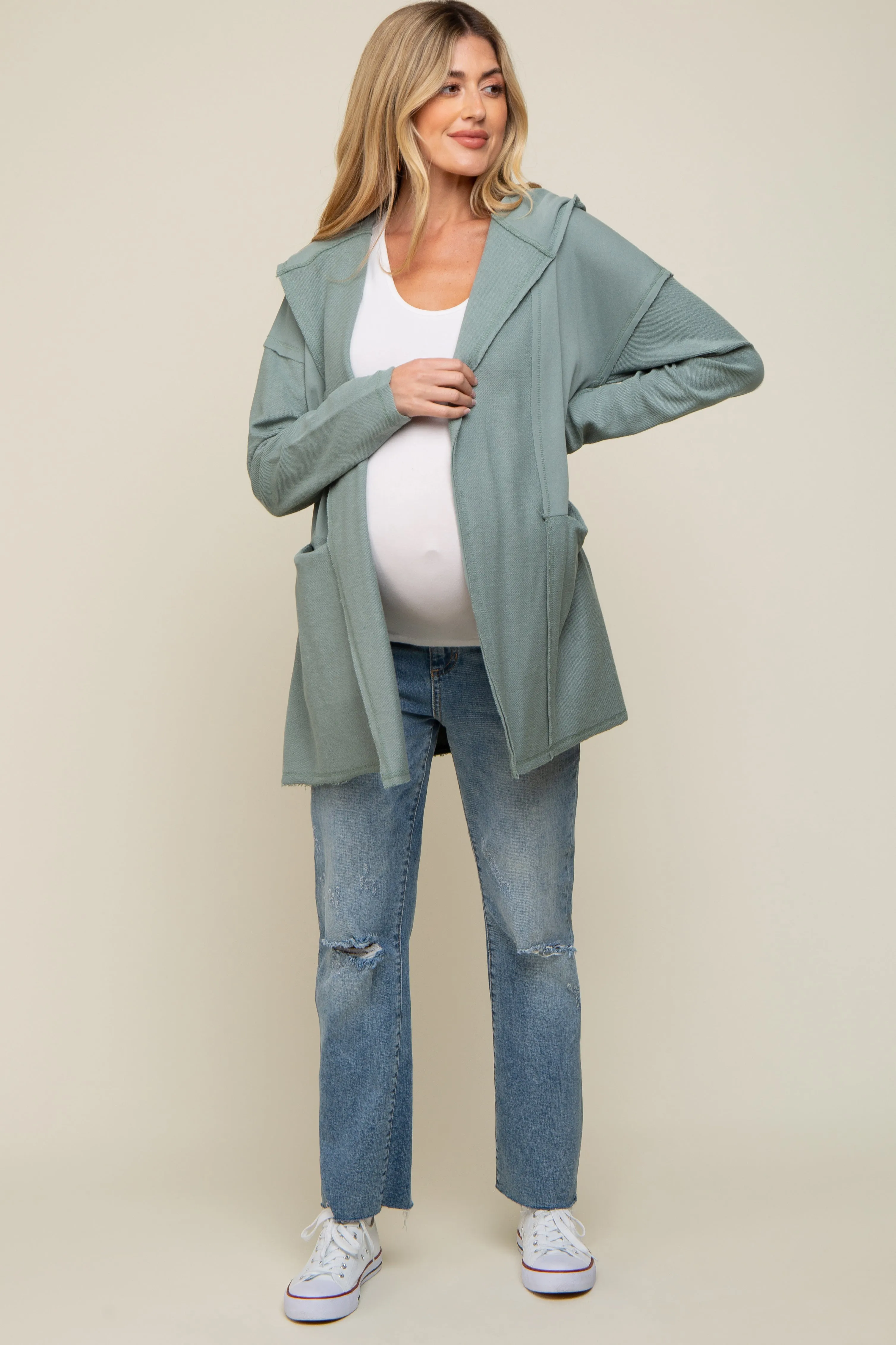 Sage Raw Hem Hooded Maternity Cardigan sold by Pinkblush