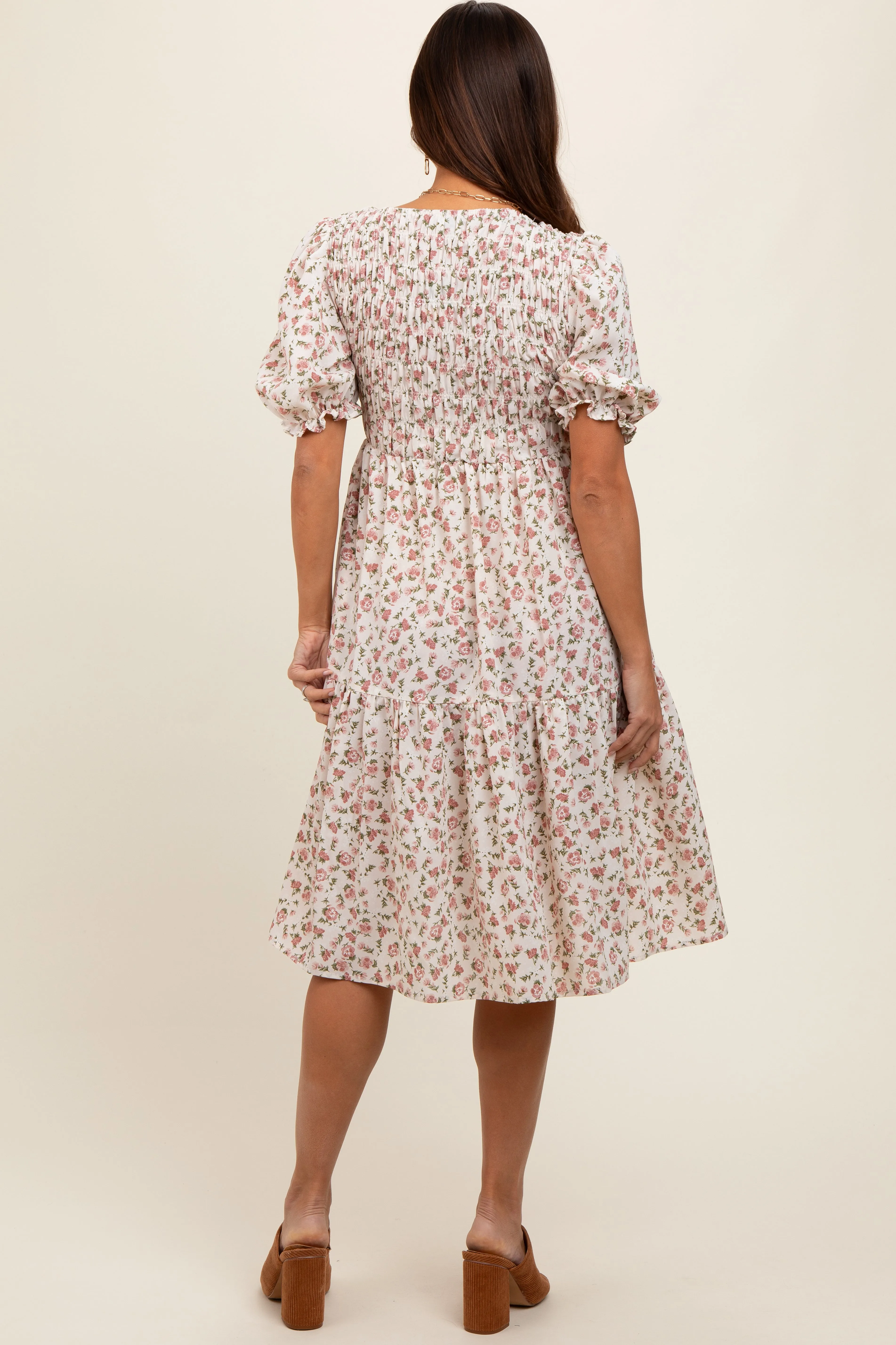 Cream Floral Smocked Maternity Midi Dress sold by Pinkblush product image thumbnail 3
