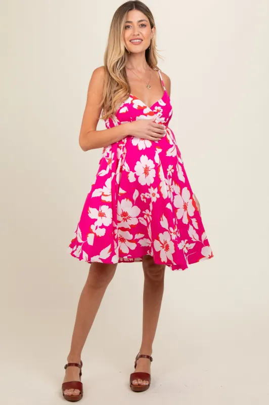 Fuchsia Floral Wrap Top Accent Maternity Dress sold by Pinkblush