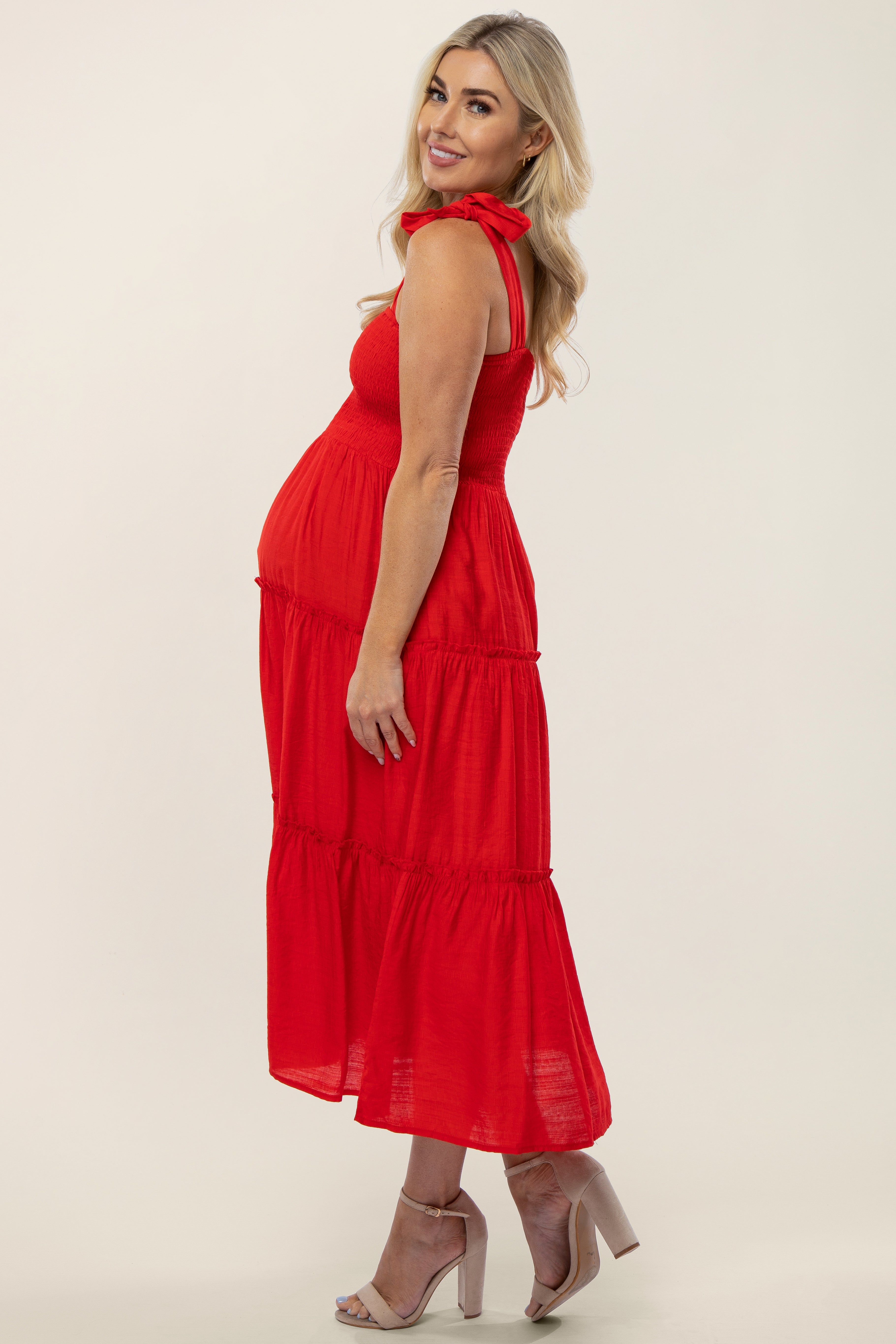 Red Shoulder Tie Tiered Maternity Midi Dress sold by Pinkblush product image thumbnail 2