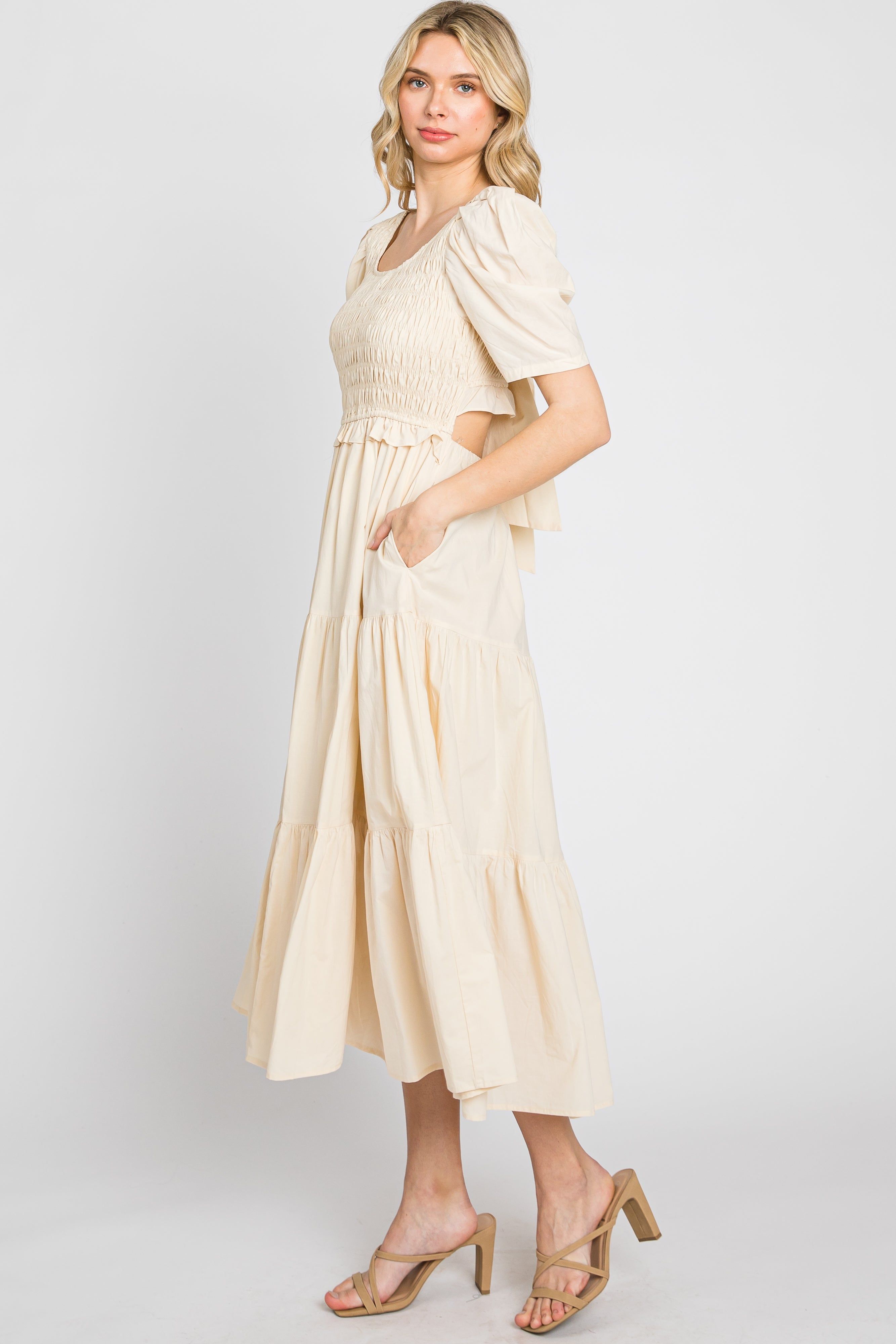 Beige Smocked Tiered Ruffle Midi Dress sold by Pinkblush product image thumbnail 3
