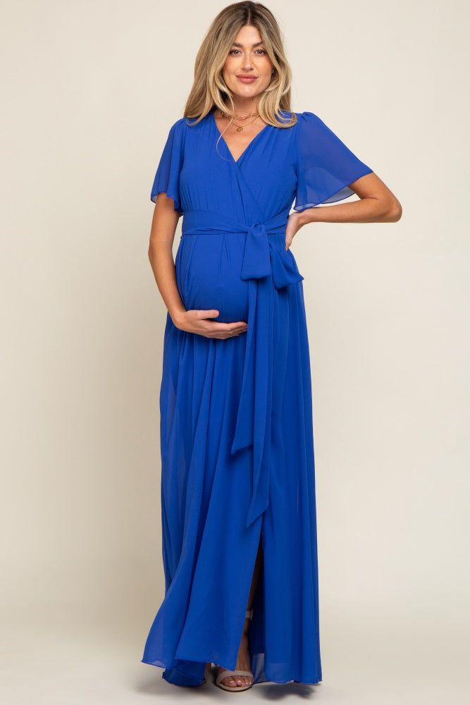 Royal Blue Chiffon Short Sleeve Wrap V-Neck Front Slit Maternity Maxi Dress sold by Pinkblush product image thumbnail 4