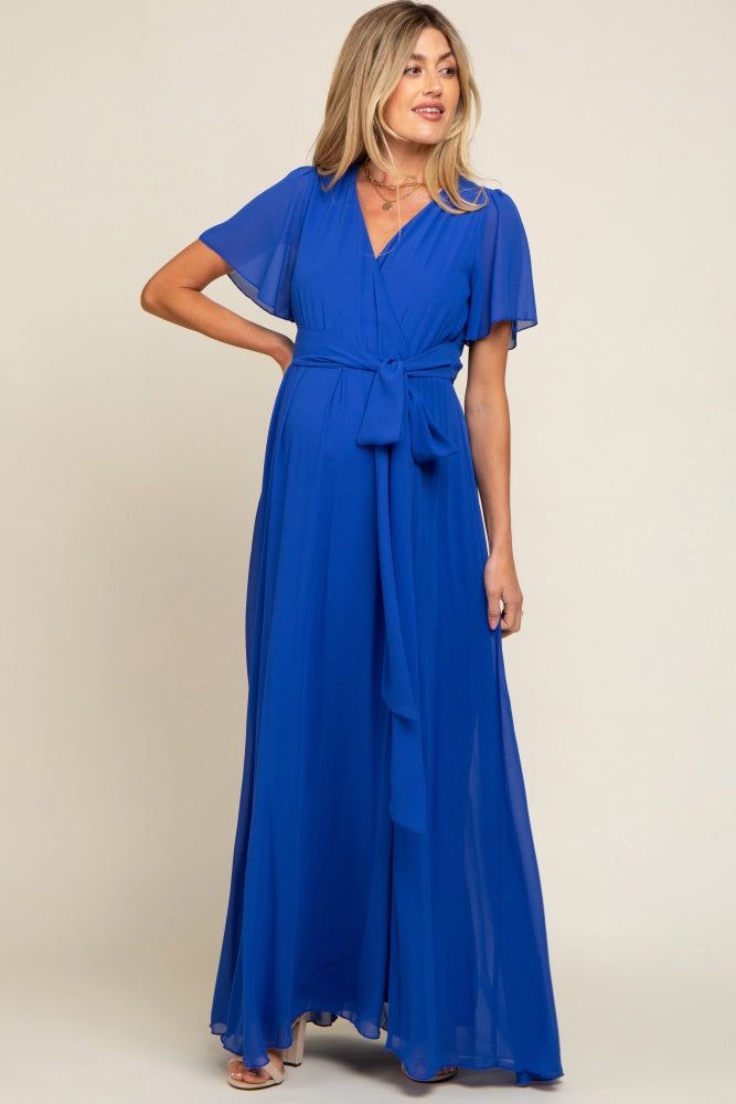 Royal Blue Chiffon Short Sleeve Wrap V-Neck Front Slit Maternity Maxi Dress sold by Pinkblush