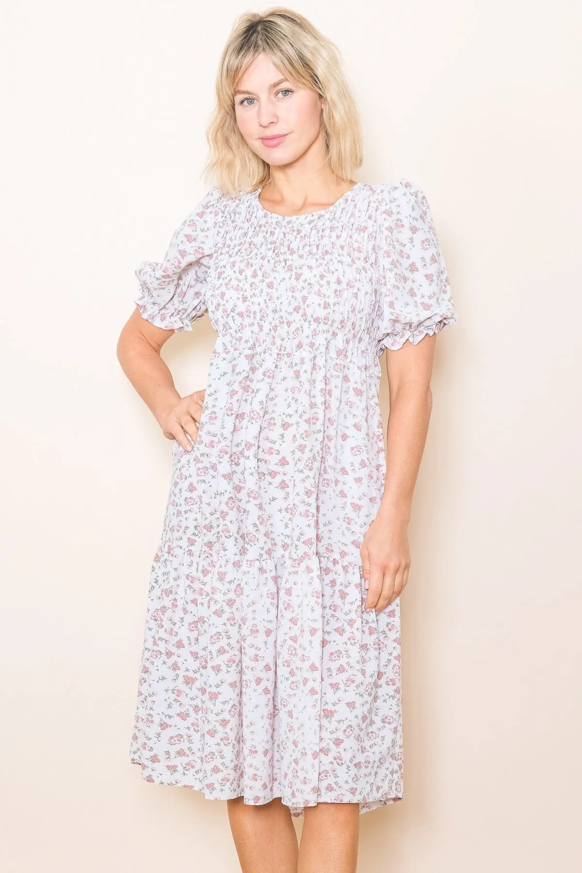 Cream Floral Smocked Maternity Midi Dress sold by Pinkblush product image thumbnail 4