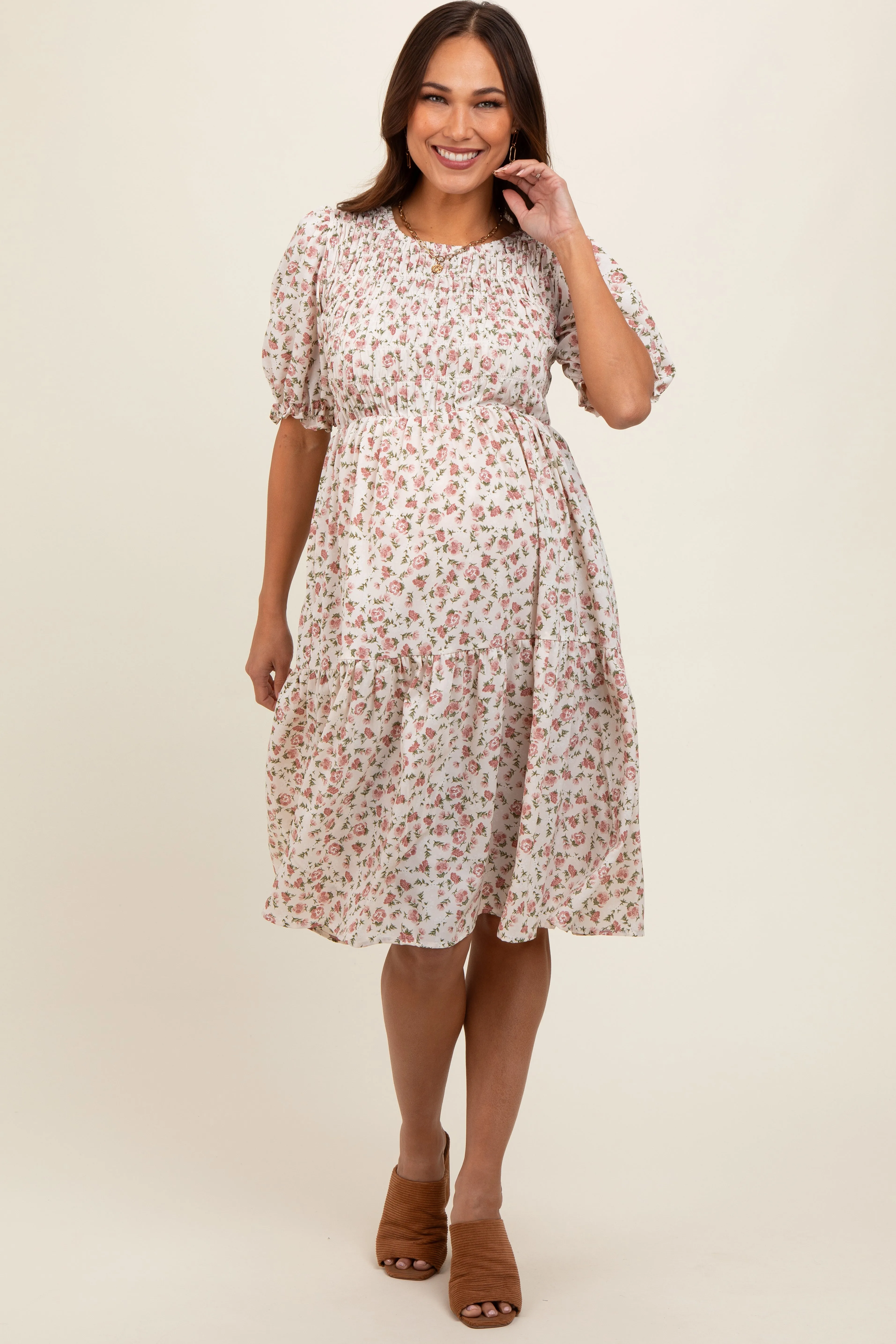 Cream Floral Smocked Maternity Midi Dress sold by Pinkblush