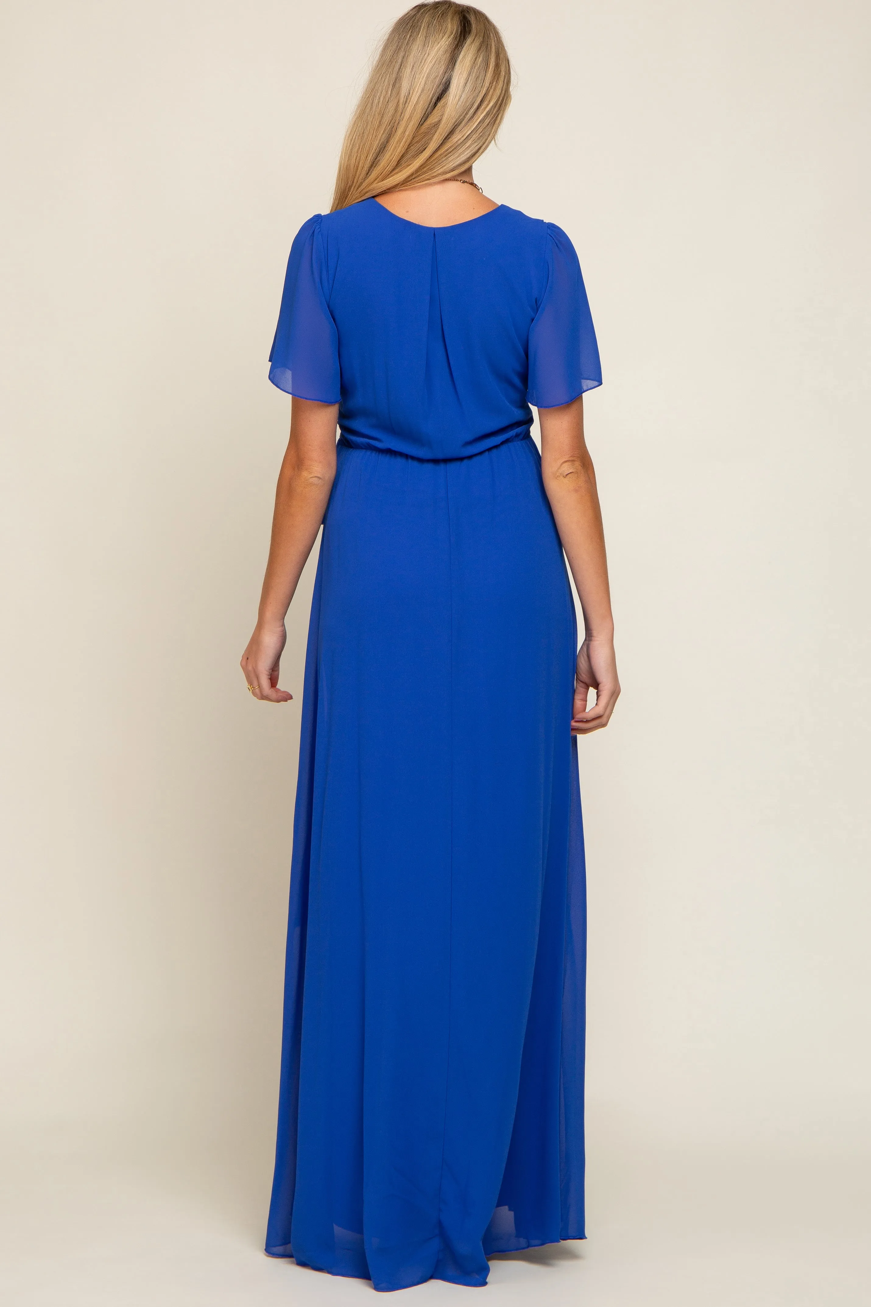 Royal Blue Chiffon Short Sleeve Wrap V-Neck Front Slit Maternity Maxi Dress sold by Pinkblush product image thumbnail 3