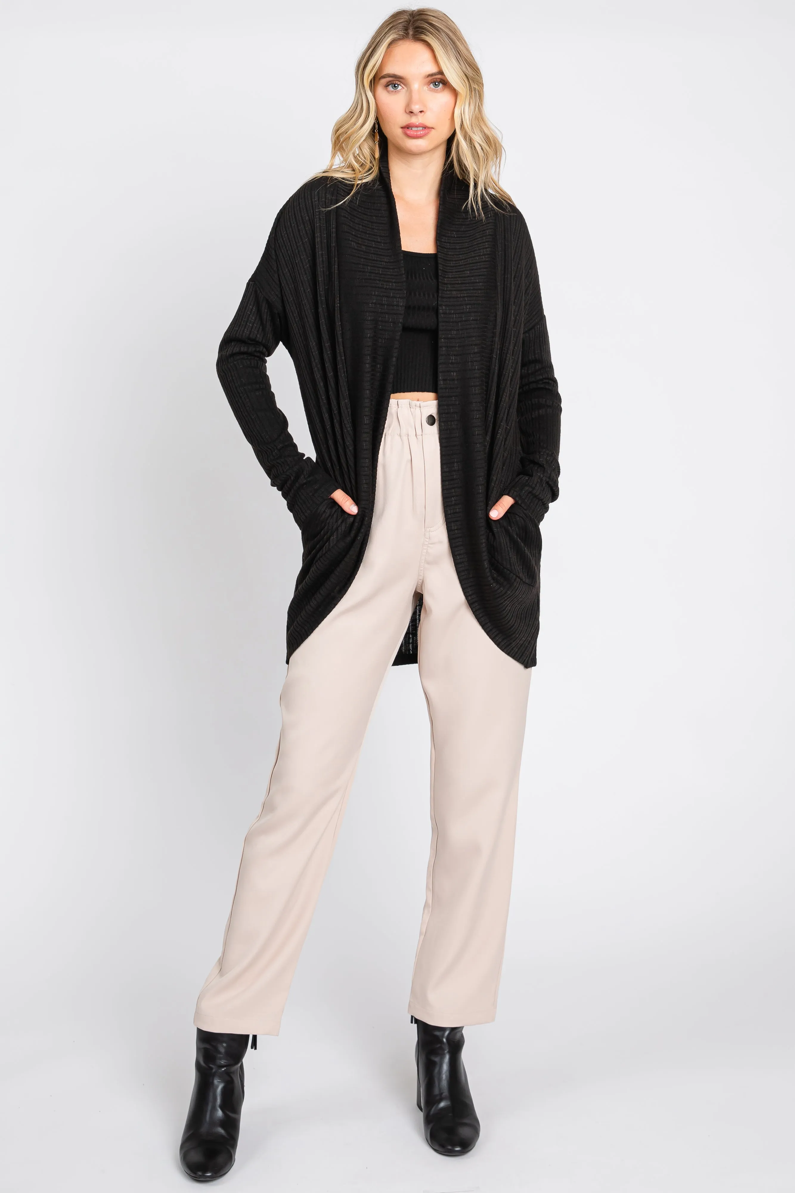 Black Ribbed Open Front Cardigan sold by Pinkblush product image thumbnail 4