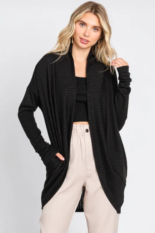 Black Ribbed Open Front Cardigan sold by Pinkblush