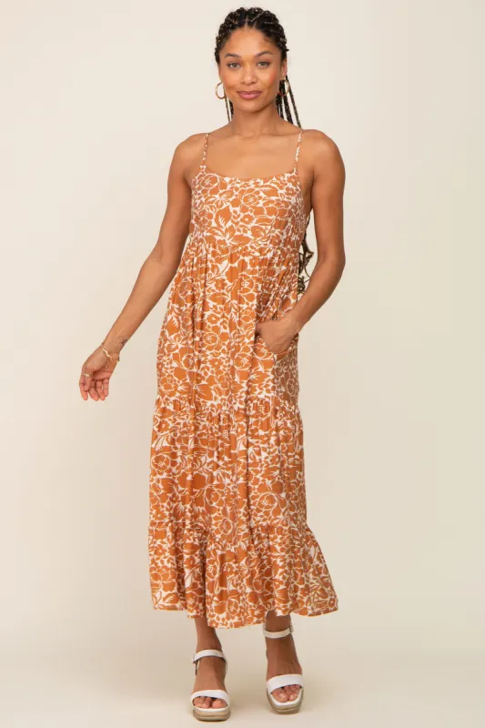 Rust Floral Tiered Midi Dress sold by Pinkblush
