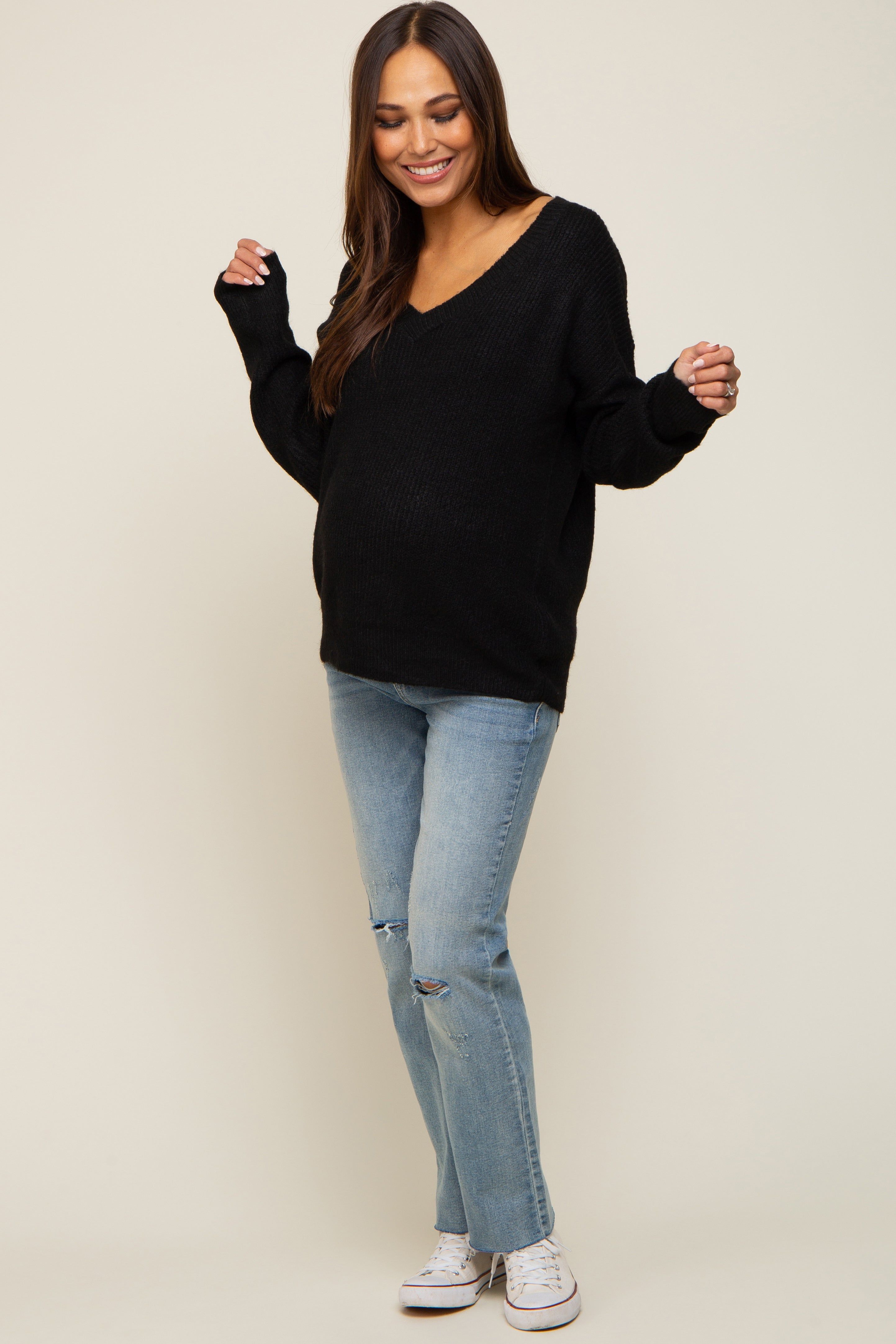 Black V-Neck Relaxed Fit Maternity Sweater sold by Pinkblush product image thumbnail 4