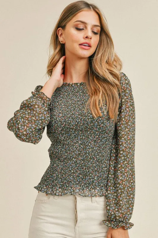 Green Multi Full Smocking Body With Ruffle Neck Detail Top sold by Pinkblush