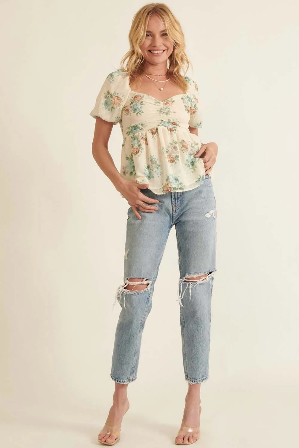 Cream Floral Sweetheart Puff Sleeve Peplum Top sold by Pinkblush product image thumbnail 4