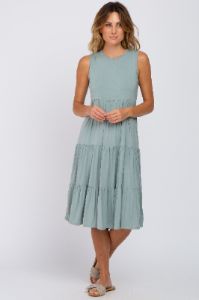 Light Olive Tiered Sleeveless Maternity Midi Dress sold by Pinkblush