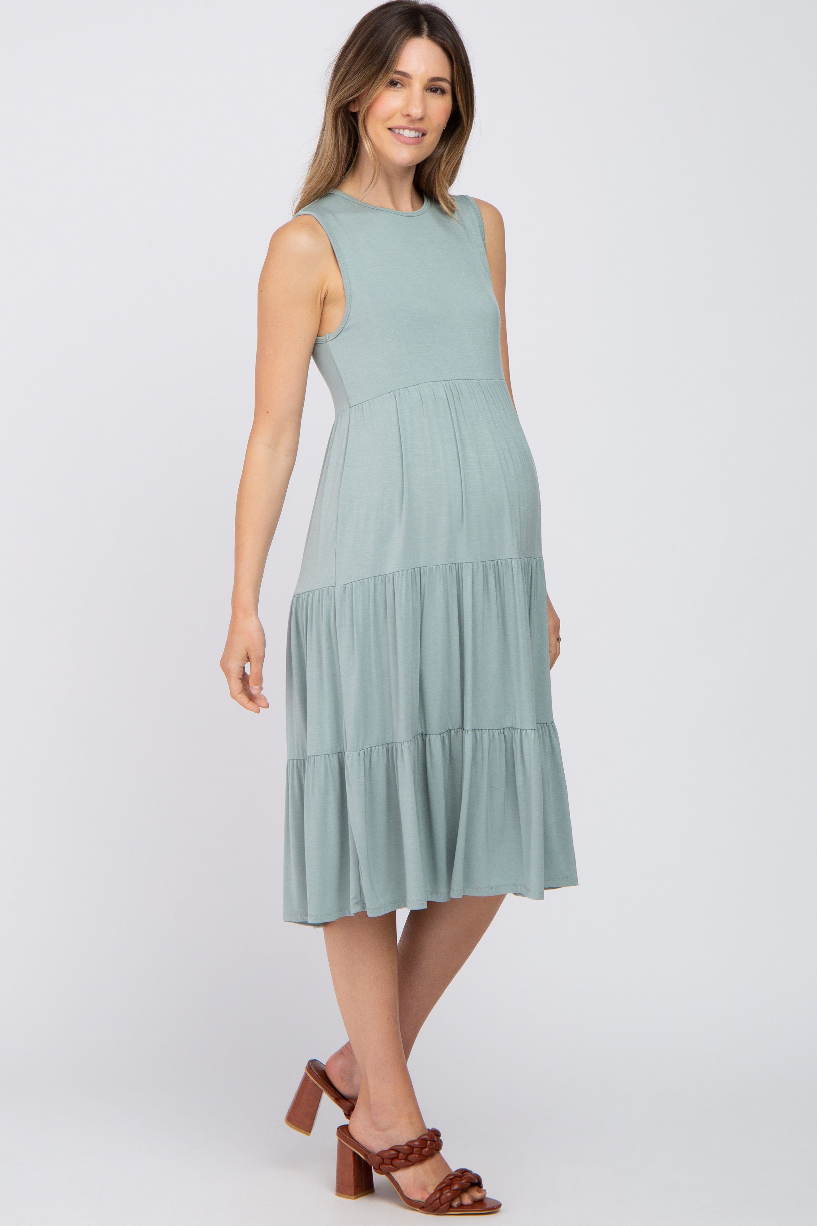 Light Olive Tiered Sleeveless Maternity Midi Dress sold by Pinkblush product image thumbnail 2