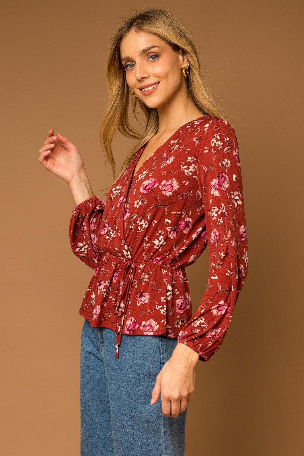 Burgundy Floral Long Sleeve V Neck Blouse sold by Pinkblush product image thumbnail 2