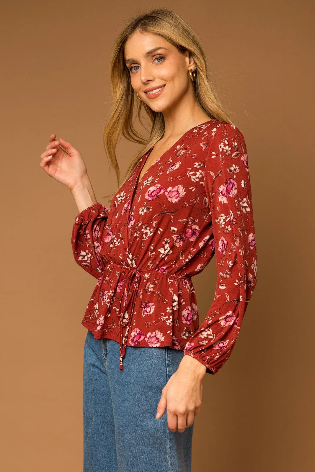 Burgundy Floral Long Sleeve V Neck Blouse sold by Pinkblush product image thumbnail 2