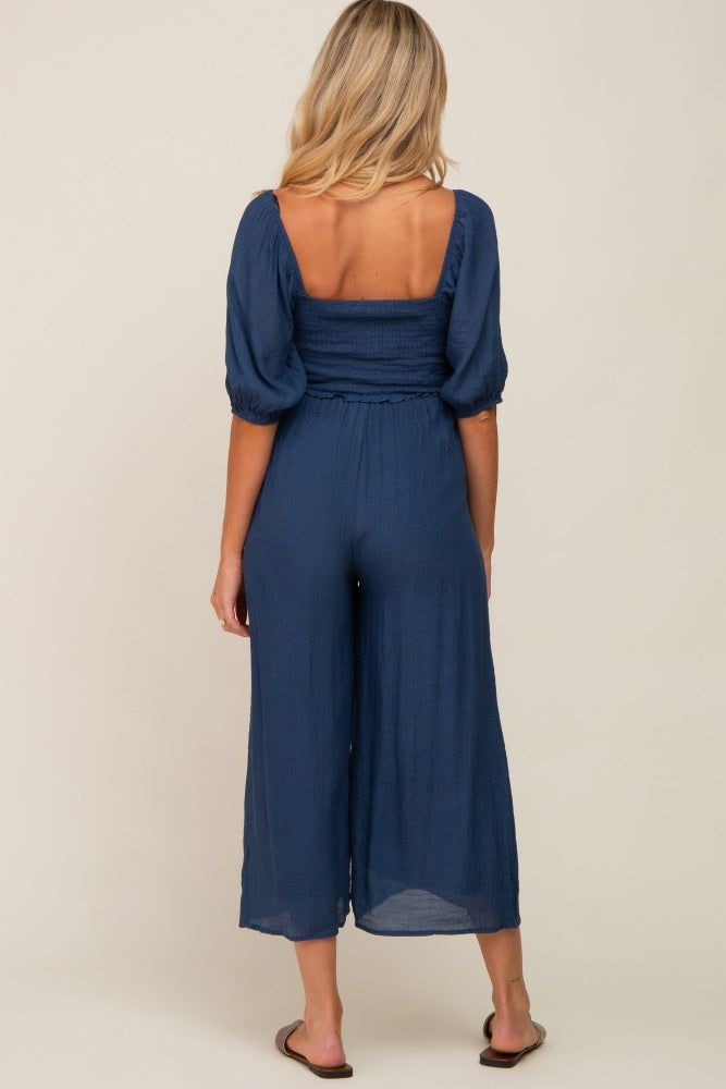 Navy Blue Smocked Drawstring Front Short Sleeve Maternity Jumpsuit sold by Pinkblush product image thumbnail 4