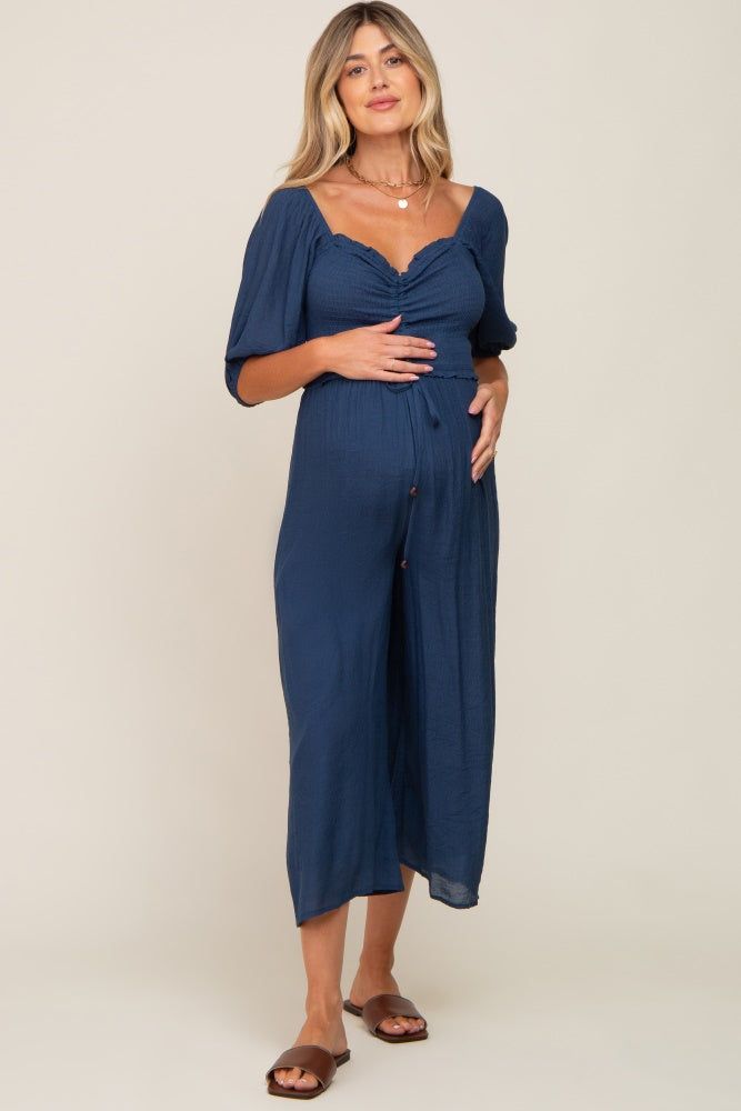 Navy Blue Smocked Drawstring Front Short Sleeve Maternity Jumpsuit sold by Pinkblush