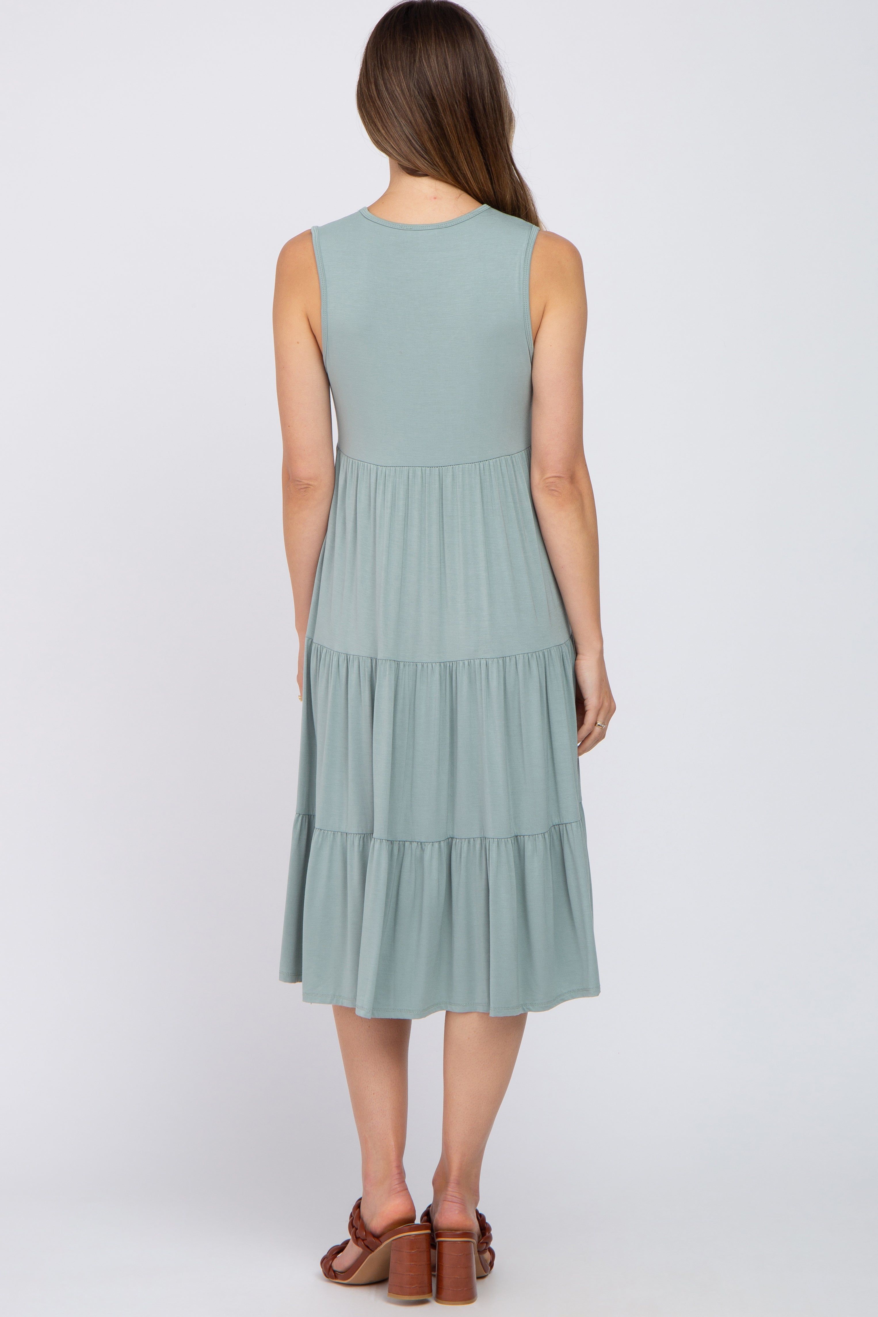 Light Olive Tiered Sleeveless Maternity Midi Dress sold by Pinkblush product image thumbnail 3