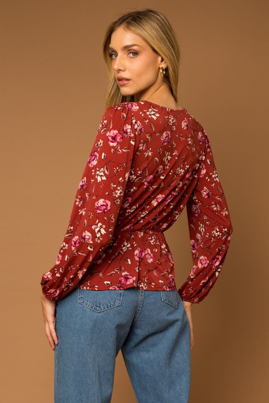 Burgundy Floral Long Sleeve V Neck Blouse sold by Pinkblush product image thumbnail 3